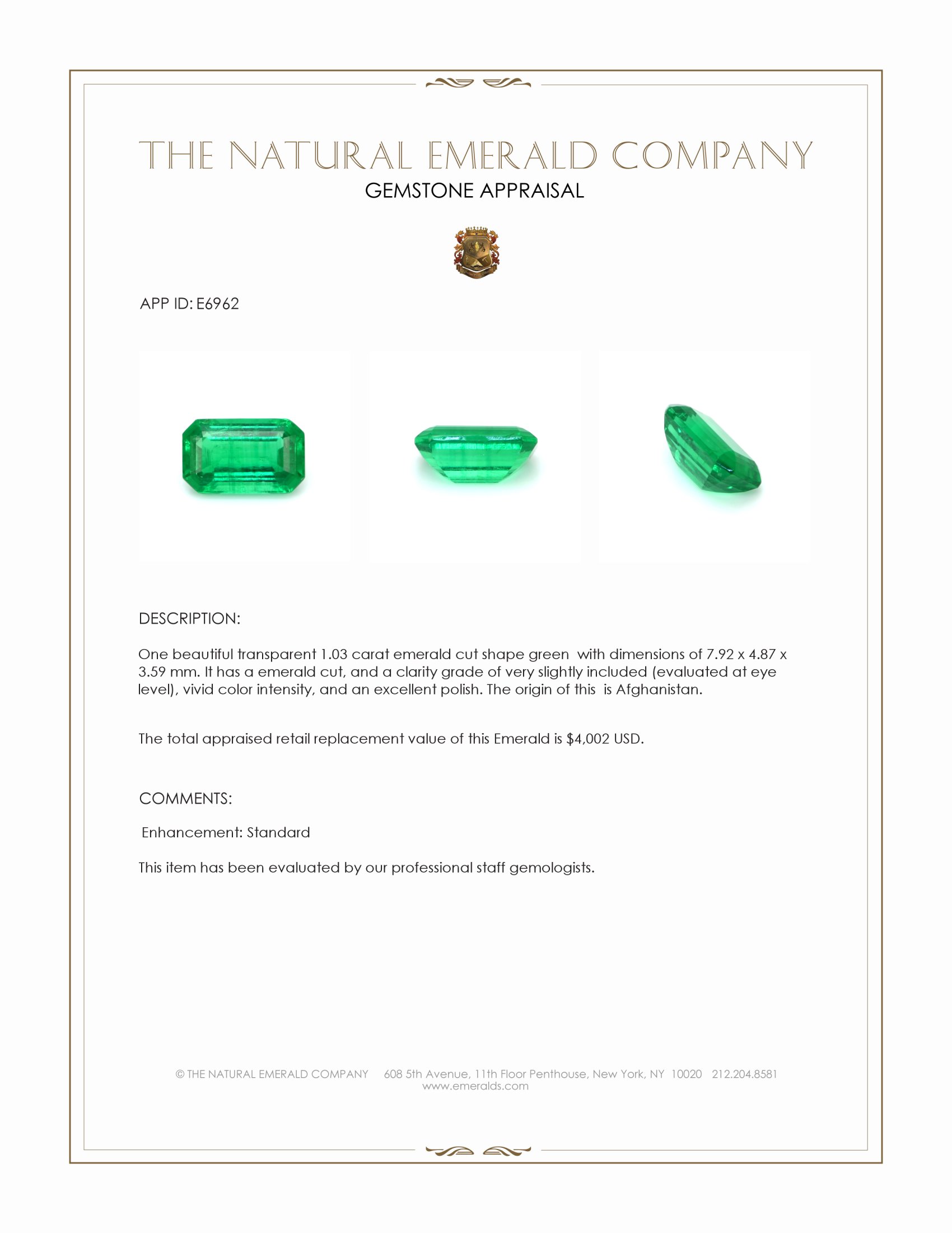 1.03 Ct. Emerald from Afghanistan