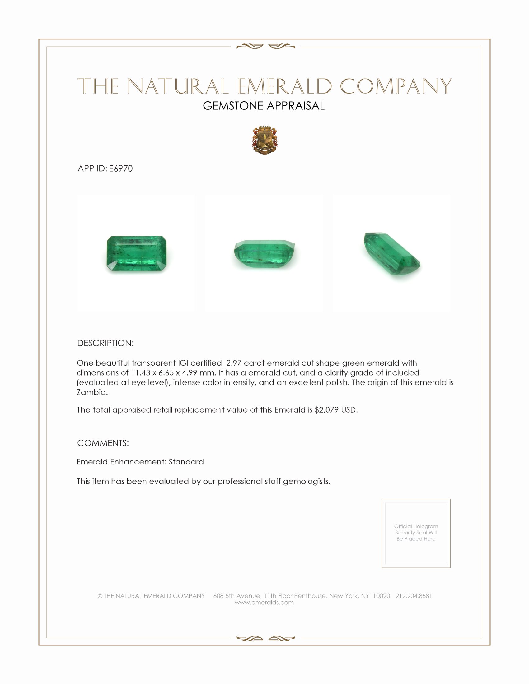 2.97 Ct. Emerald from Zambia