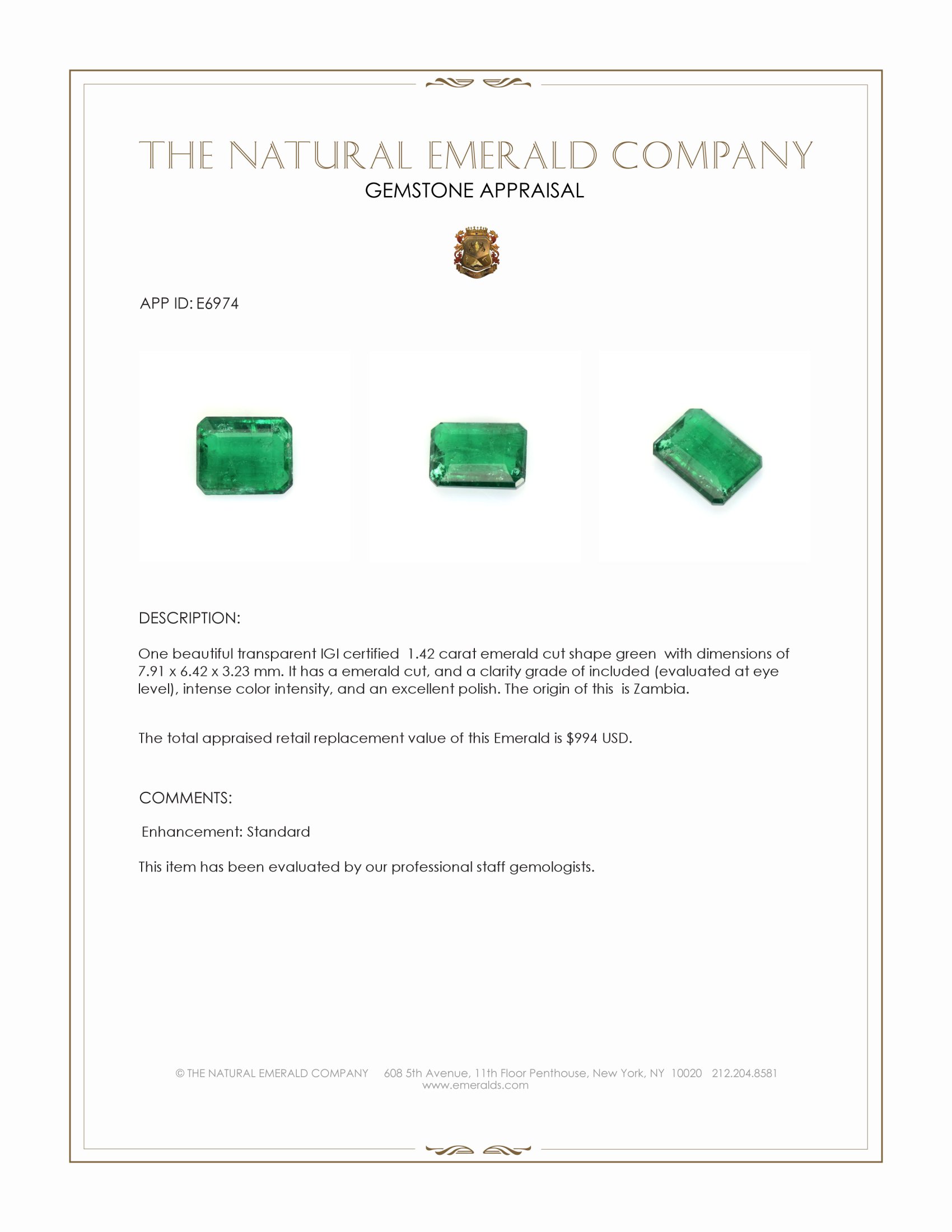 1.42 Ct. Emerald from Zambia