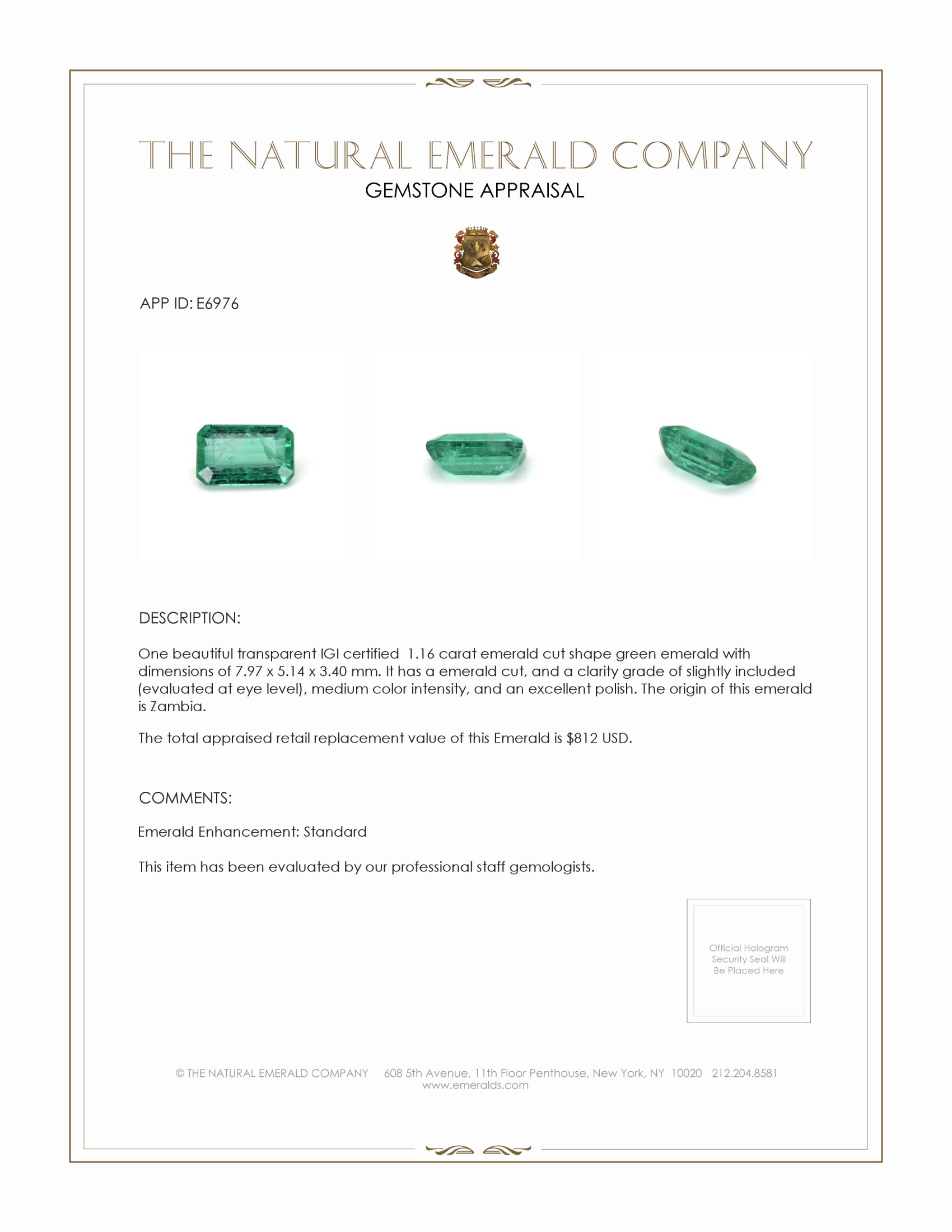 1.16 Ct. Emerald from Zambia