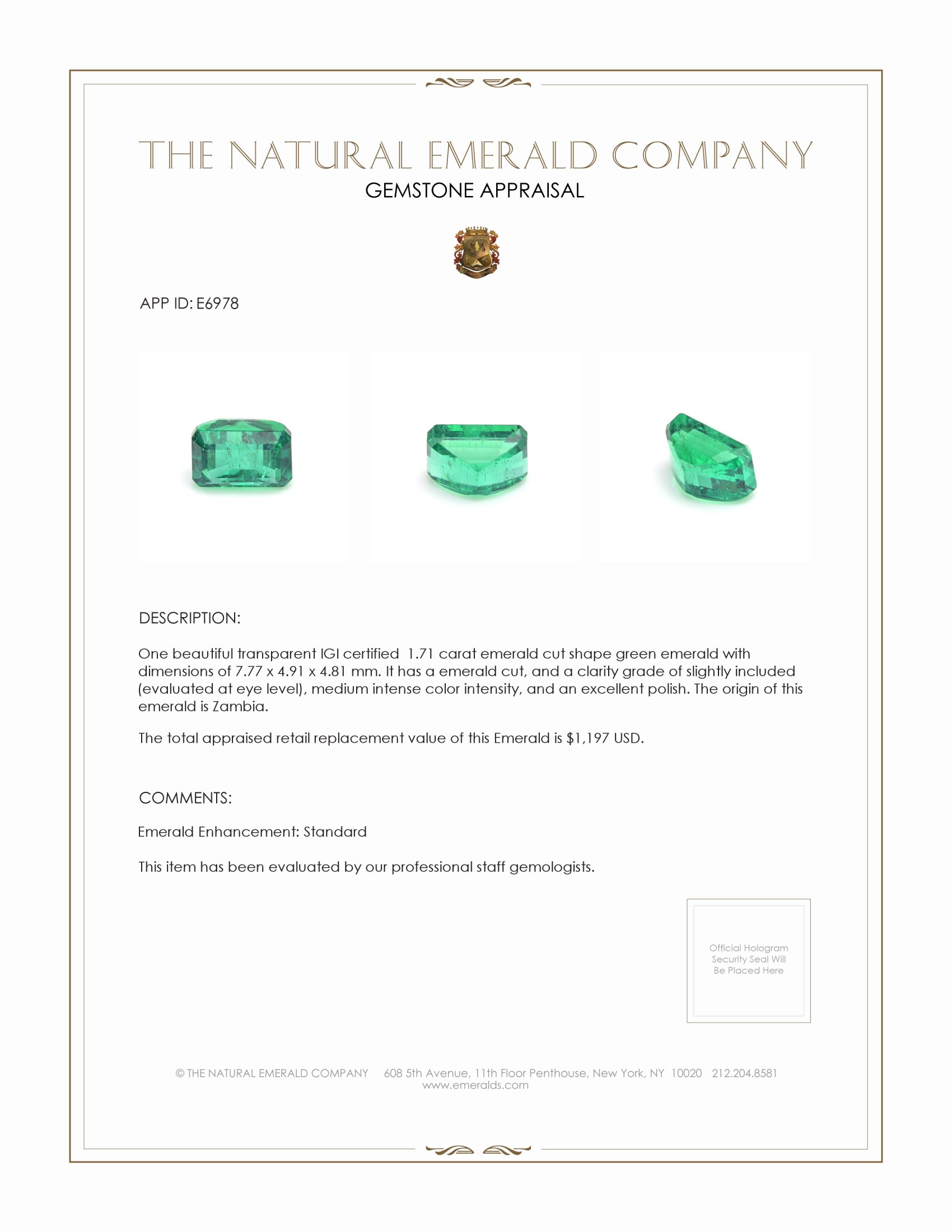 1.71 Ct. Emerald from Zambia