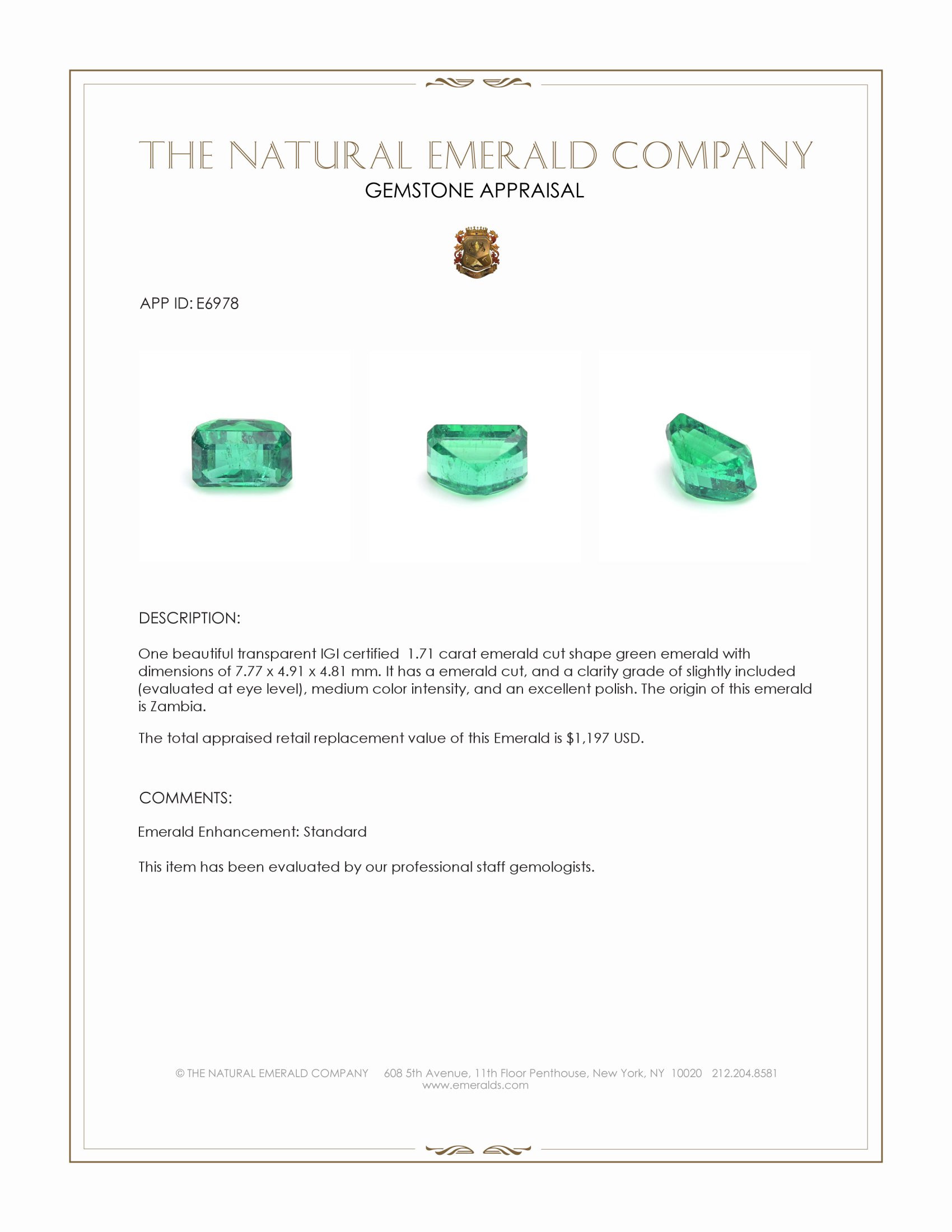 1.71 Ct. Emerald from Zambia