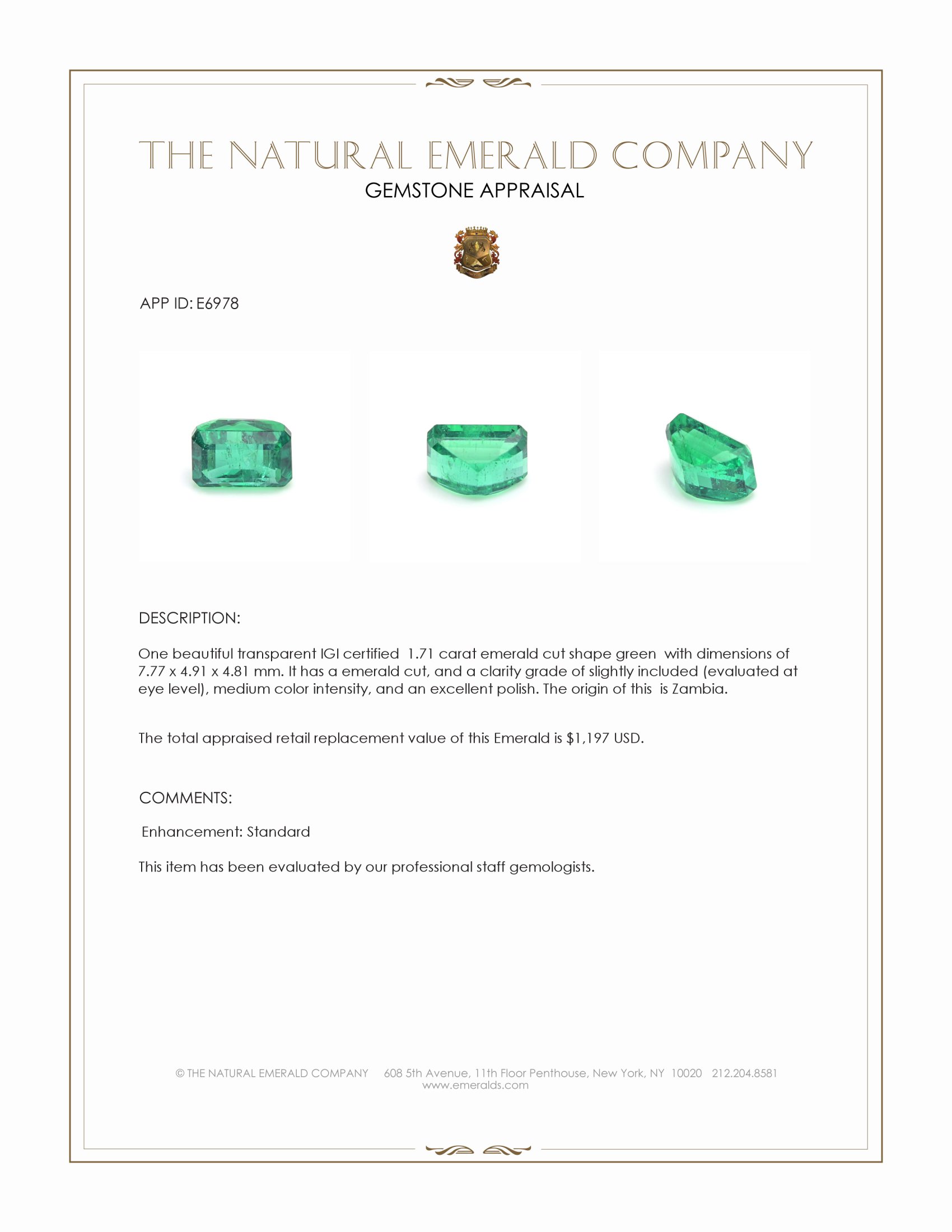 1.71 Ct. Emerald from Zambia