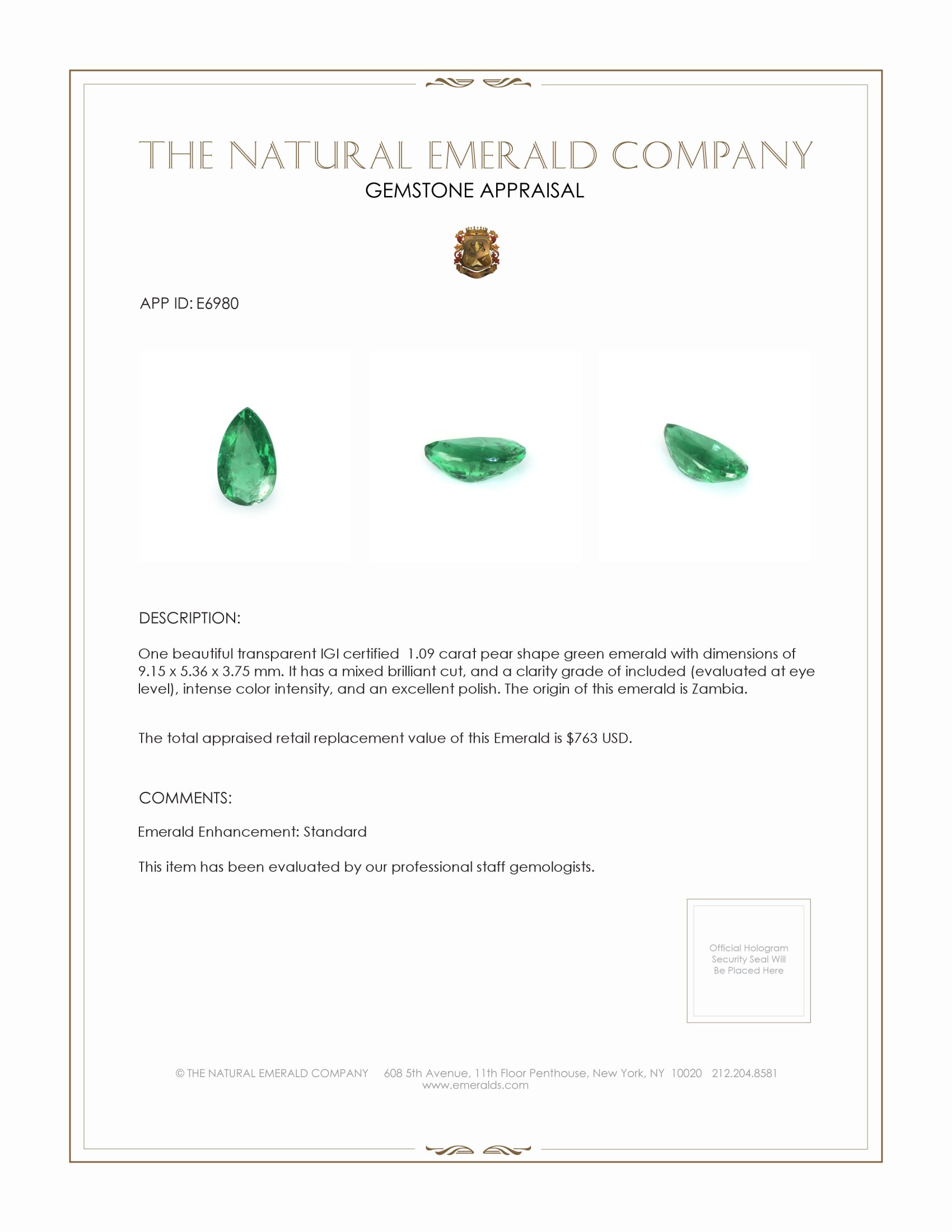 1.09 Ct. Emerald from Zambia
