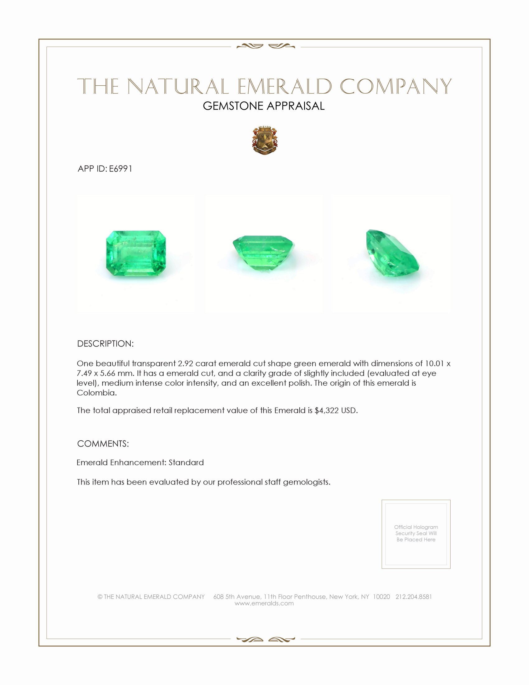 2.92 Ct. Emerald from Colombia