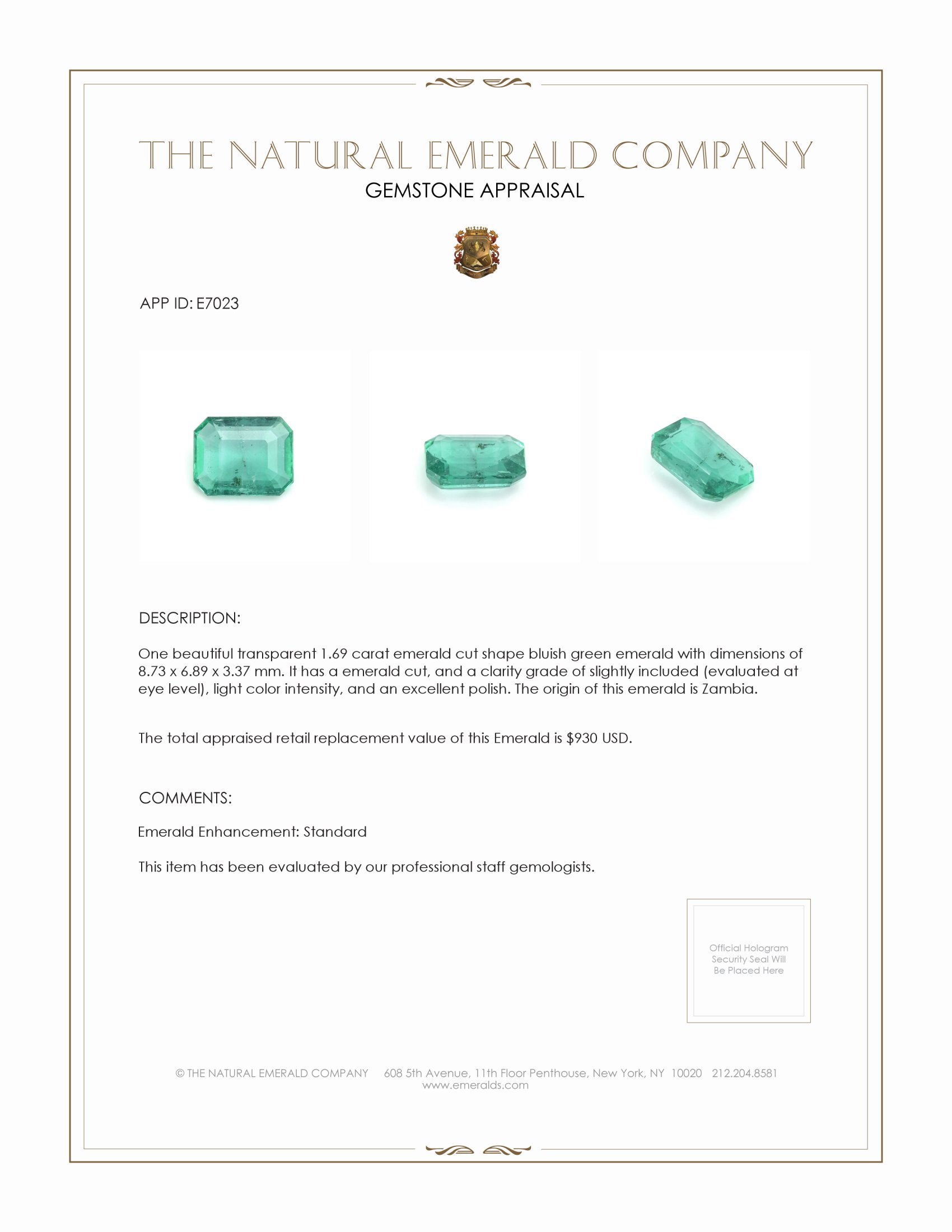 1.69 Ct. Emerald from Zambia