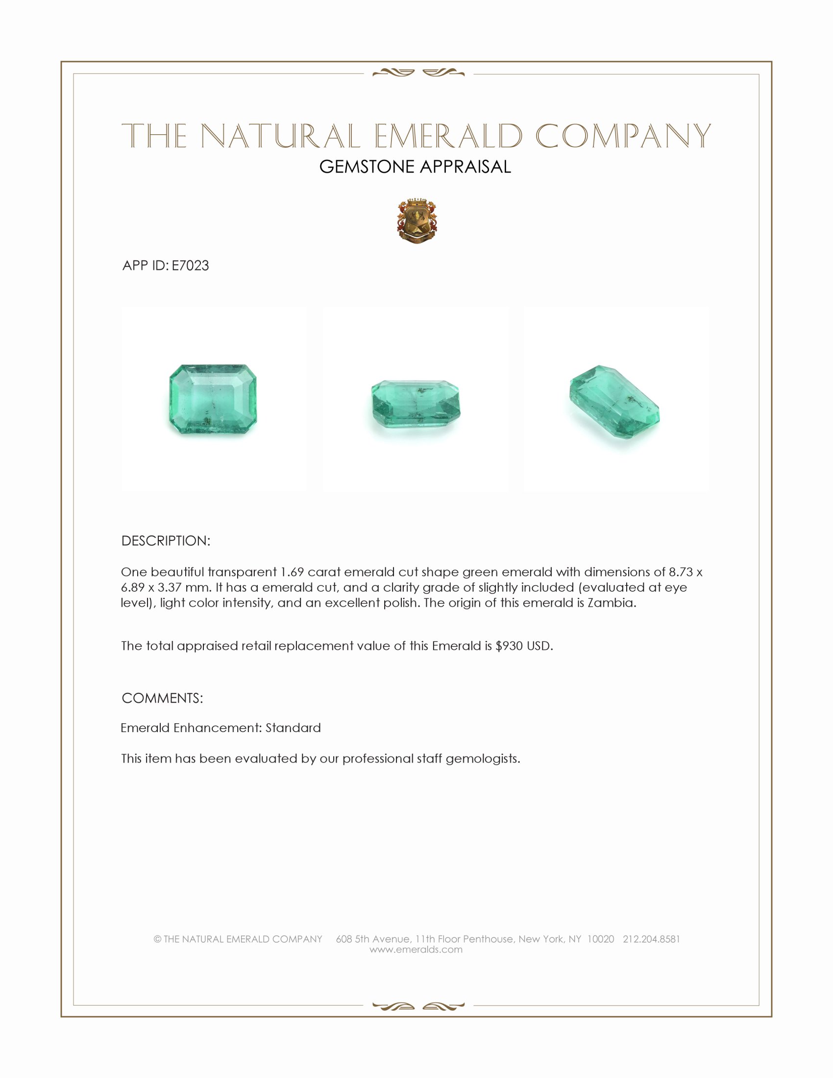 1.69 Ct. Emerald from Zambia