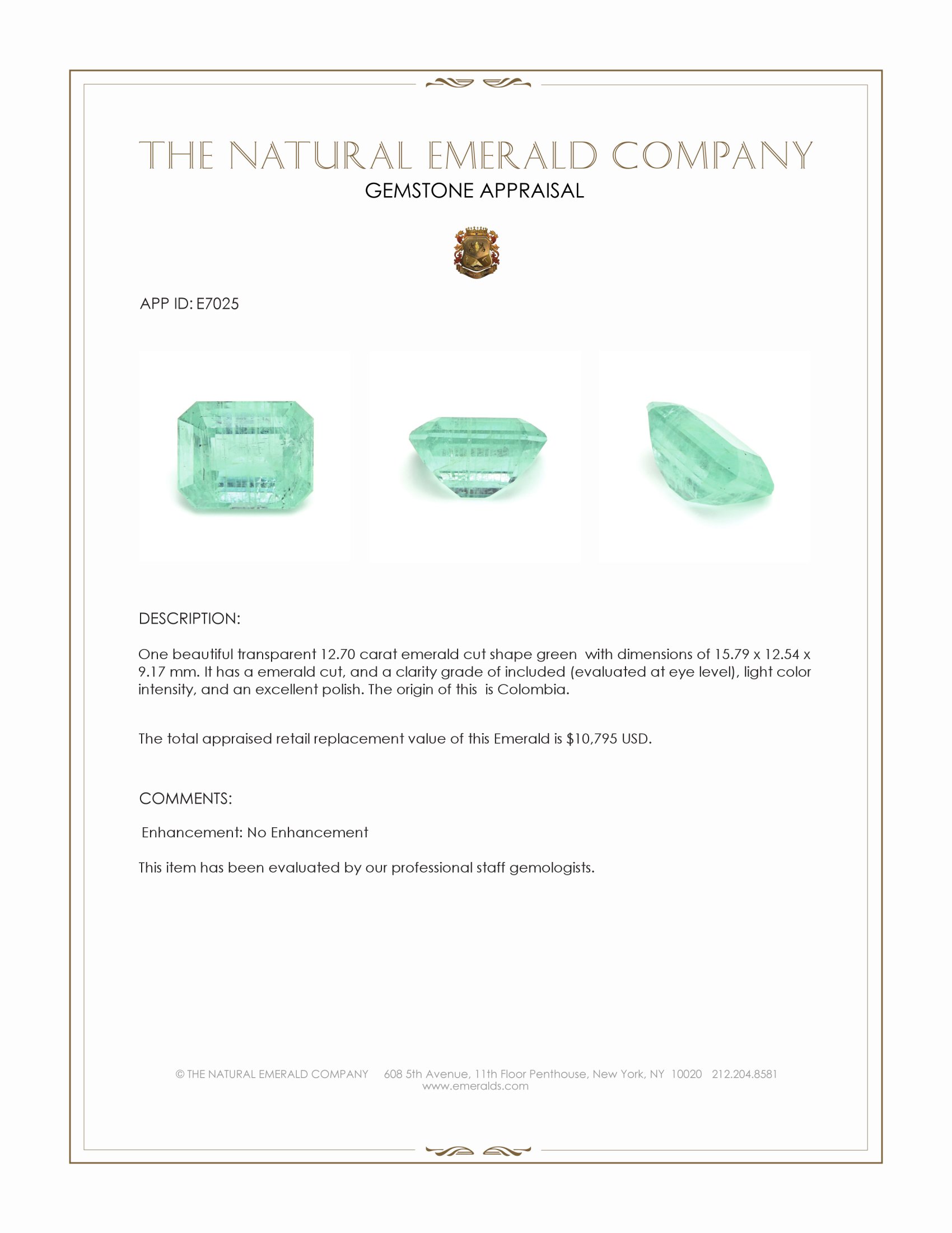 12.70 Ct. Emerald from Colombia