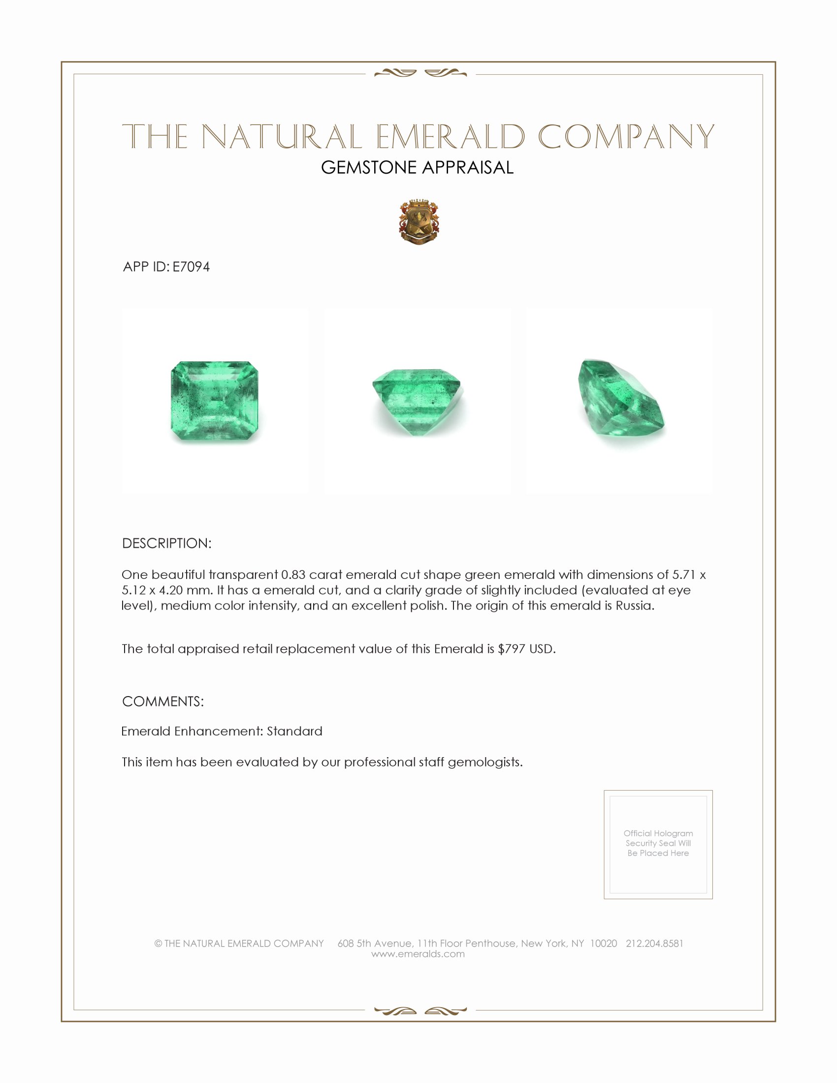 0.83 Ct. Emerald from Russia