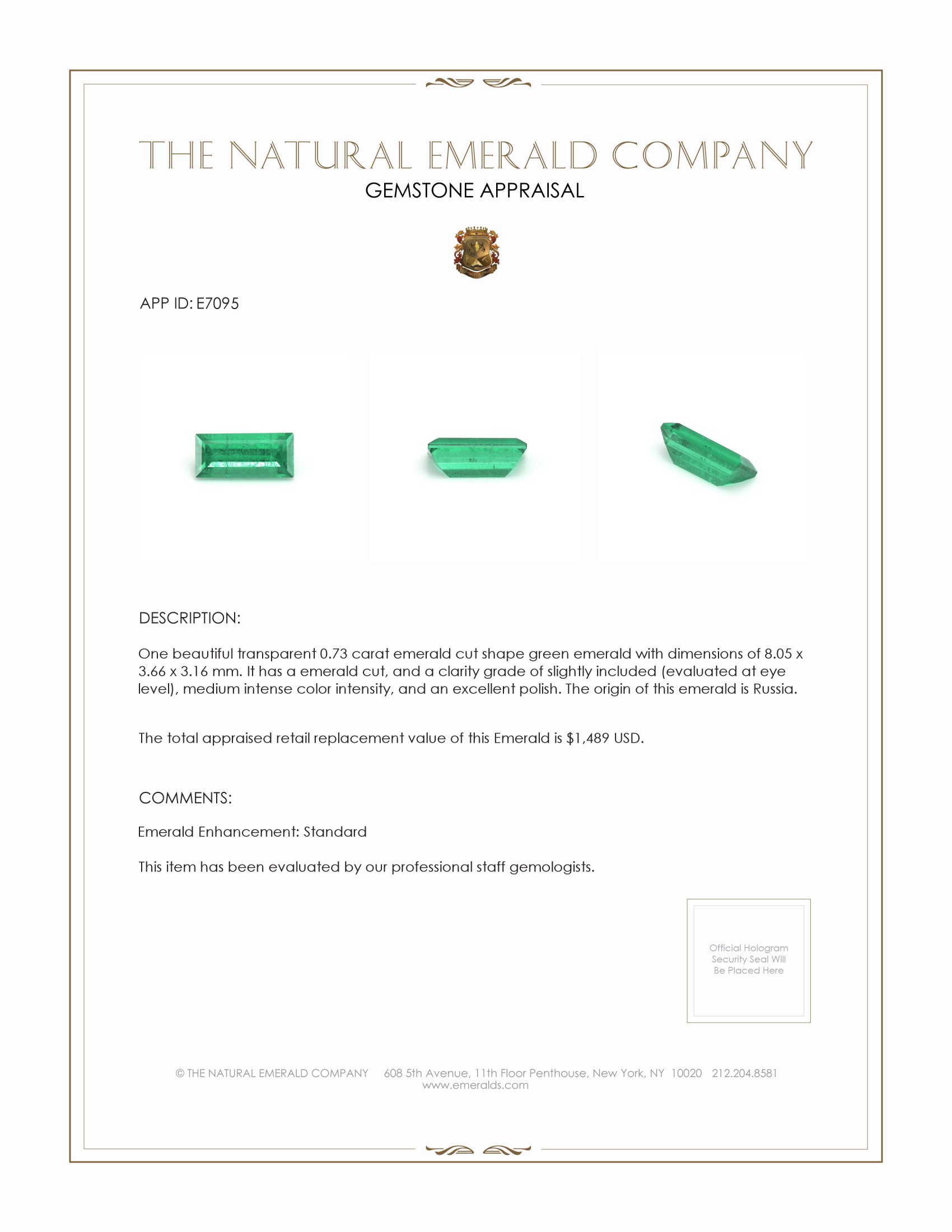 0.73 Ct. Emerald from Russia