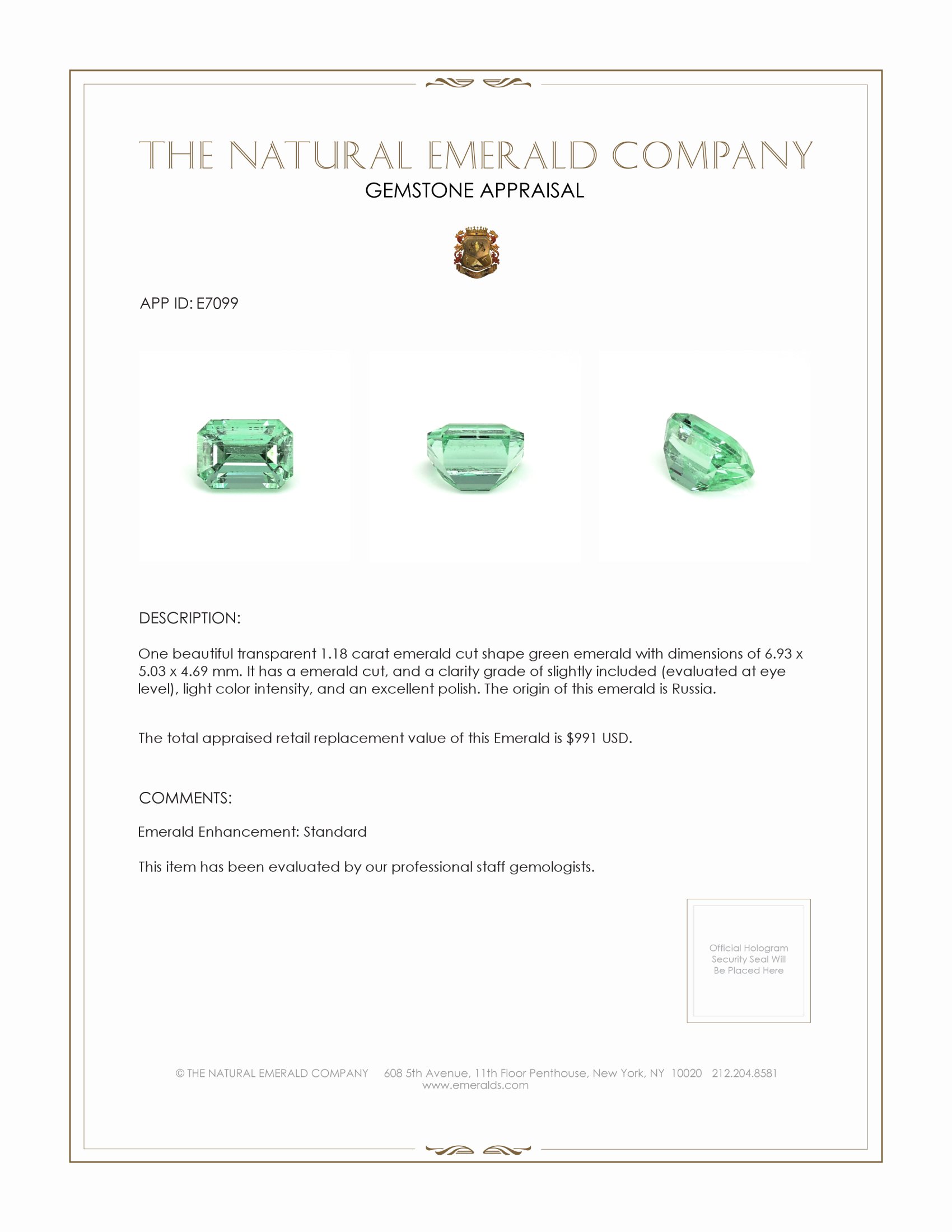 1.18 Ct. Emerald from Russia