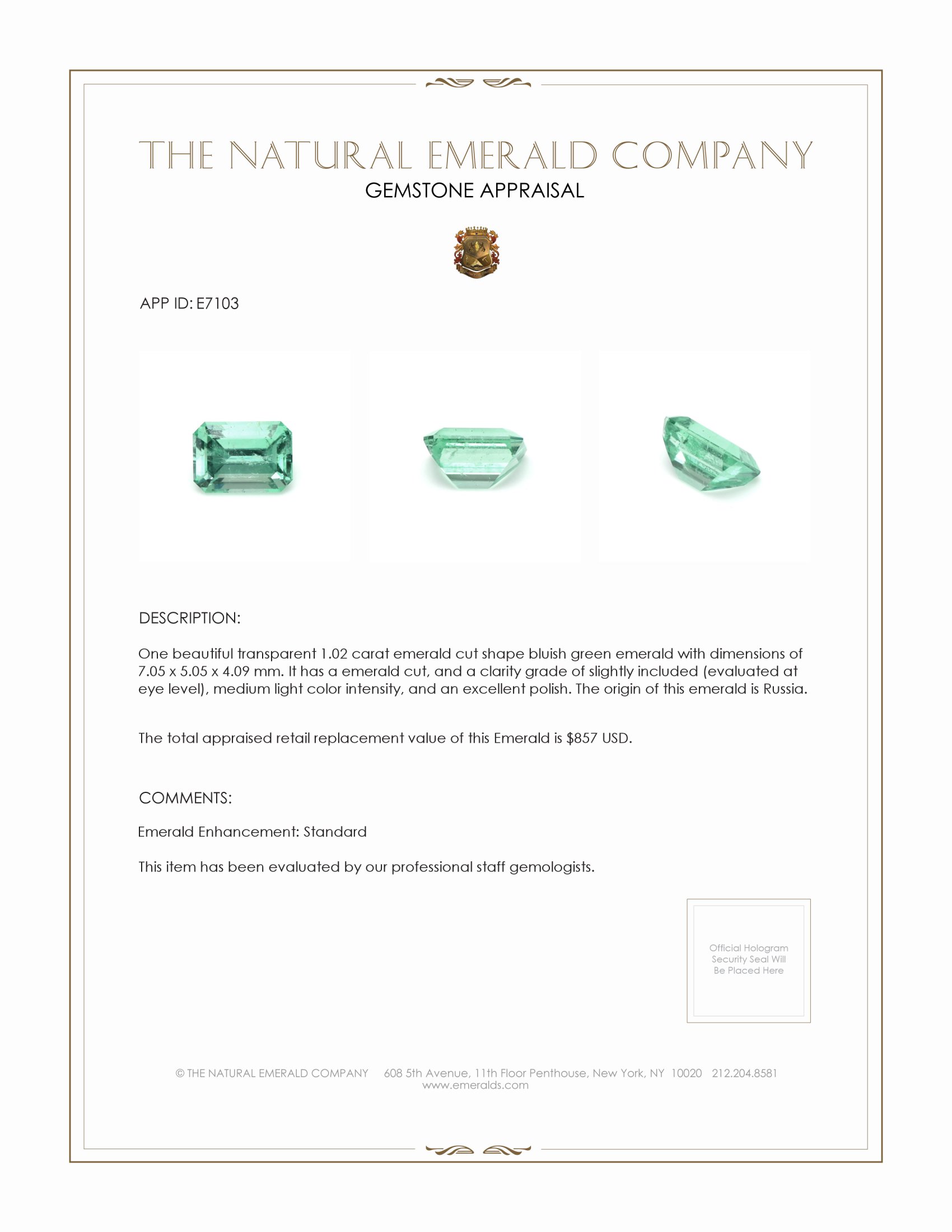 1.02 Ct. Emerald from Russia