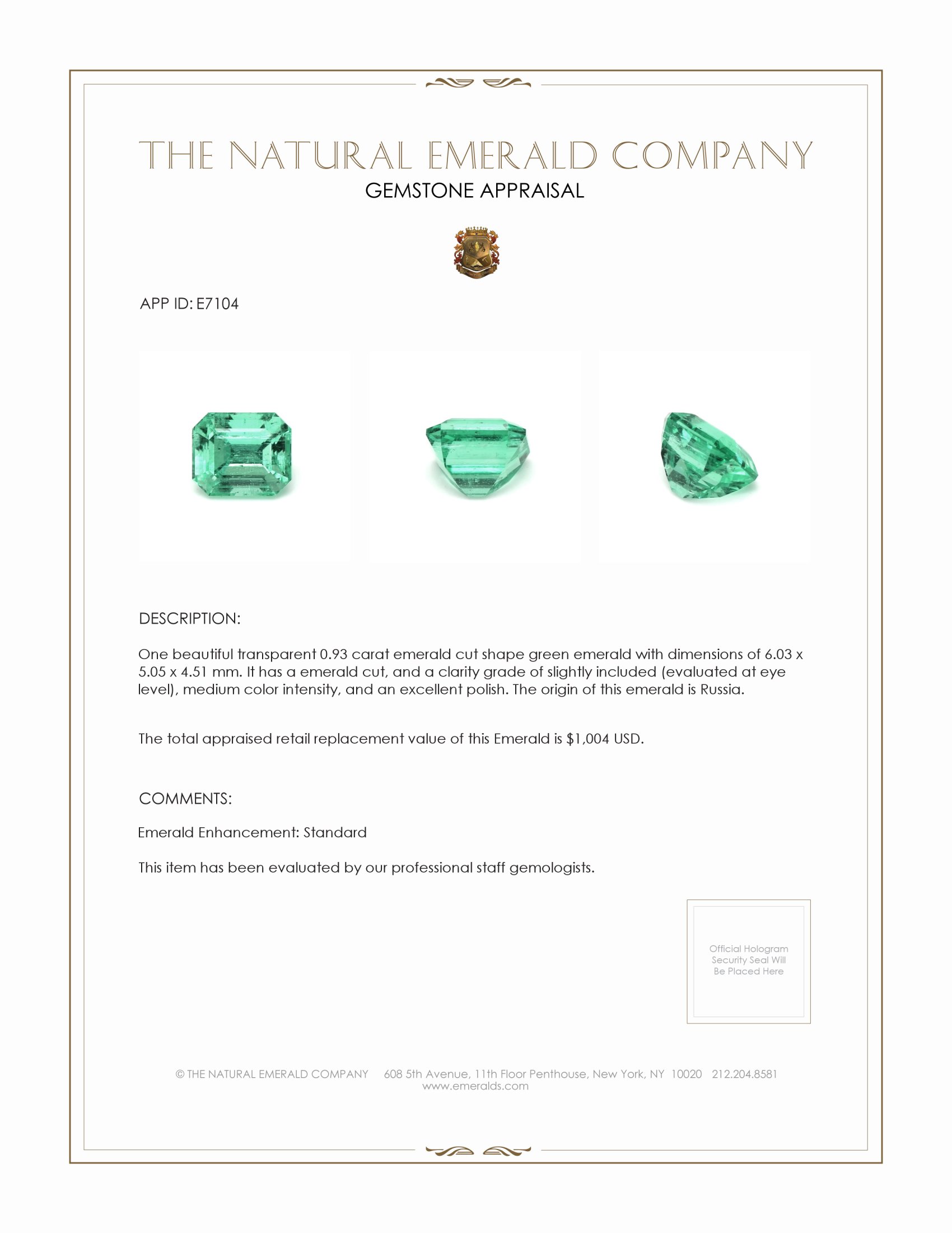 0.93 Ct. Emerald from Russia