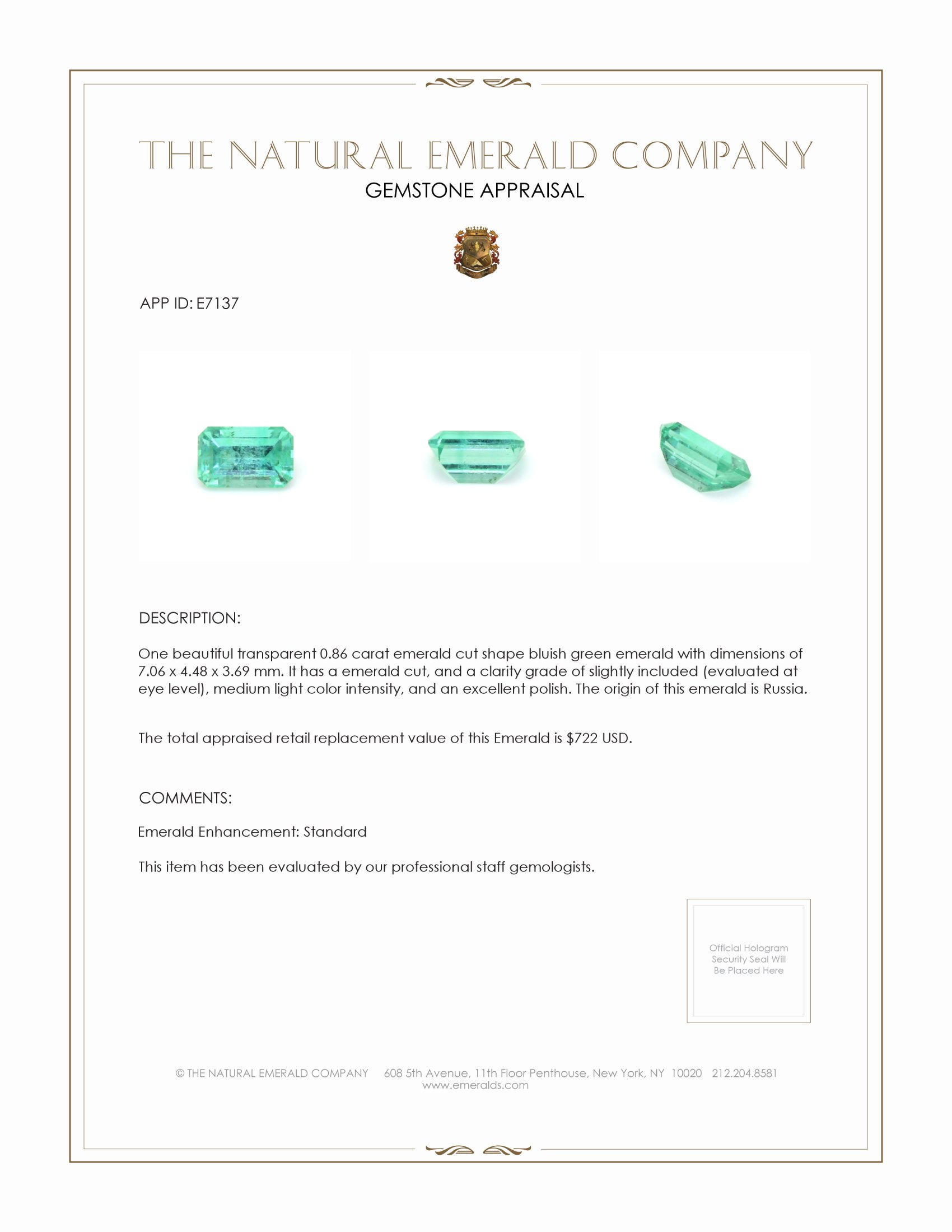 0.86 Ct. Emerald from Russia