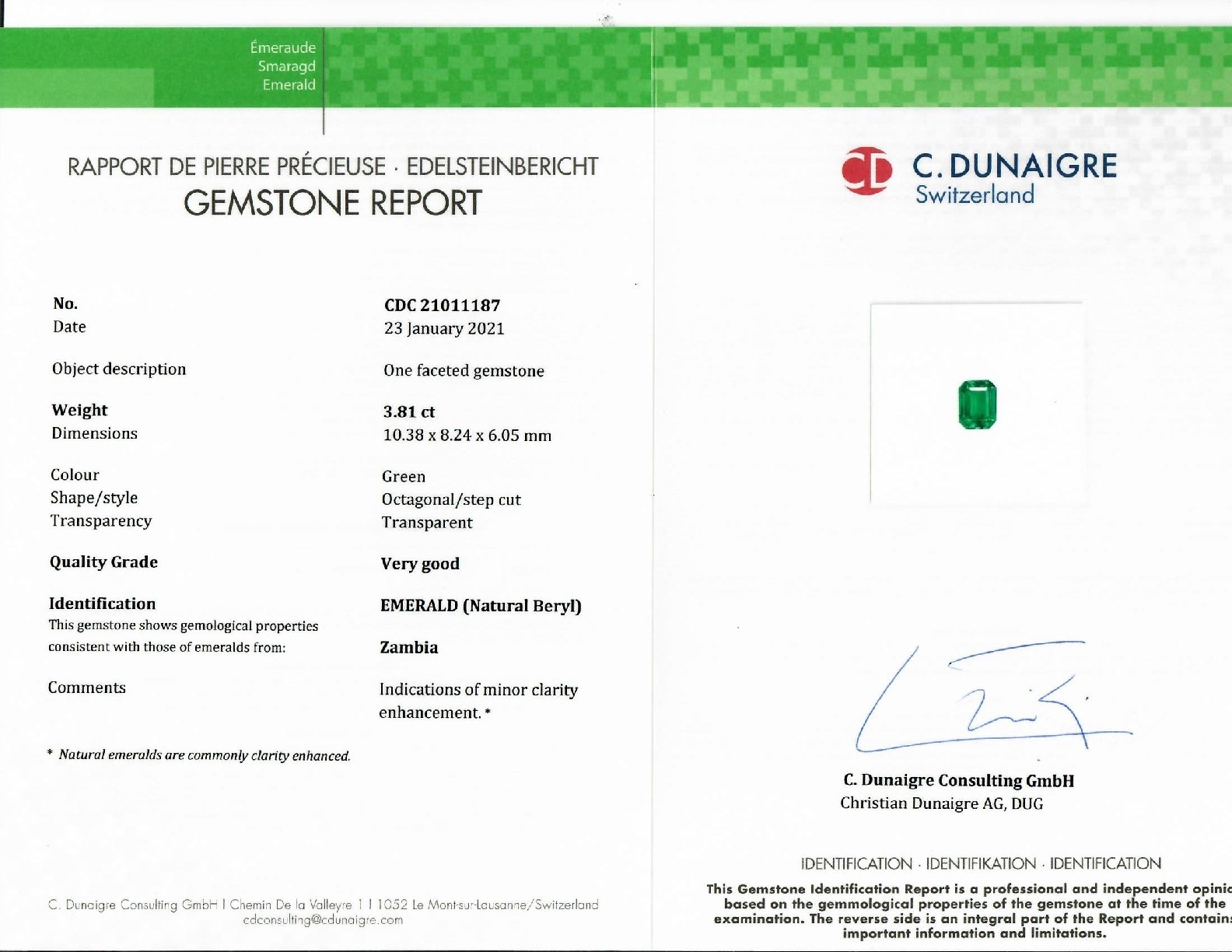 3.81 Ct. Emerald from Zambia
