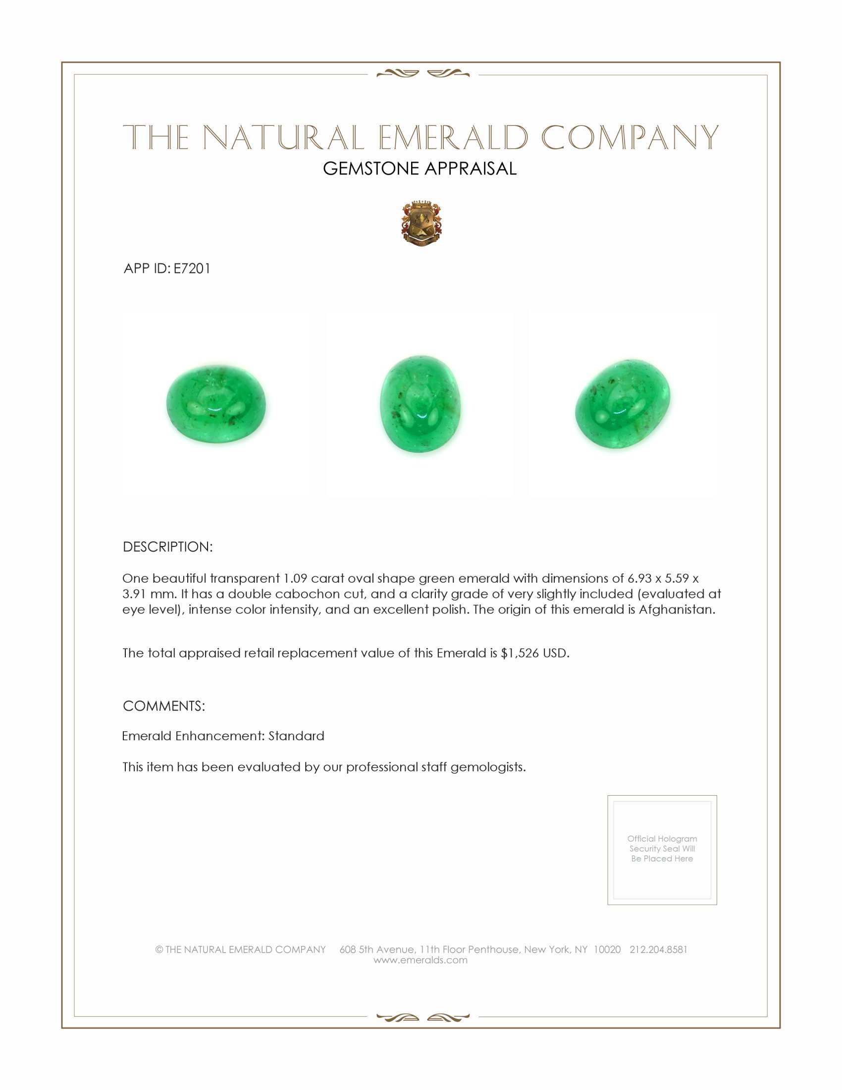 1.09 Ct. Cabochon Emerald from Afghanistan