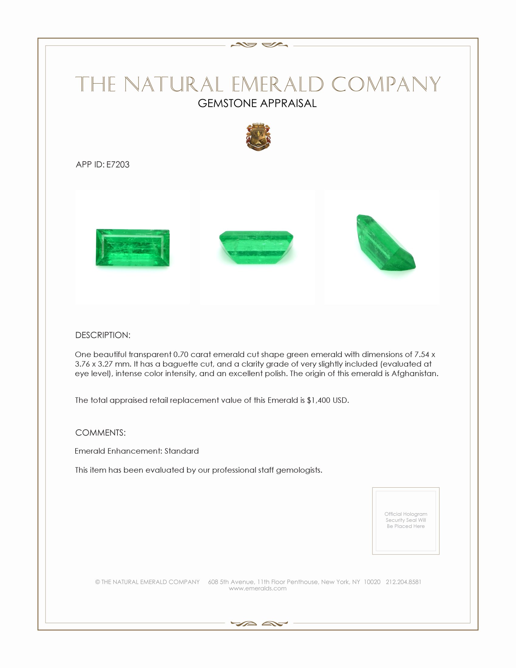 0.70 Ct. Emerald from Afghanistan