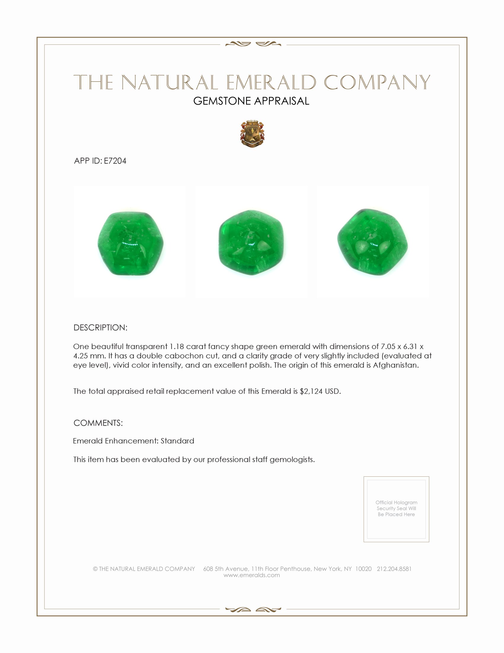 1.18 Ct. Cabochon Emerald from Afghanistan