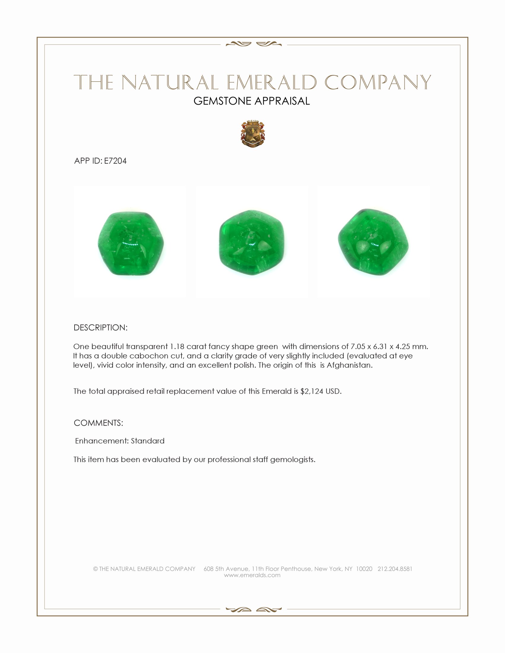 1.18 Ct. Cabochon Emerald from Afghanistan