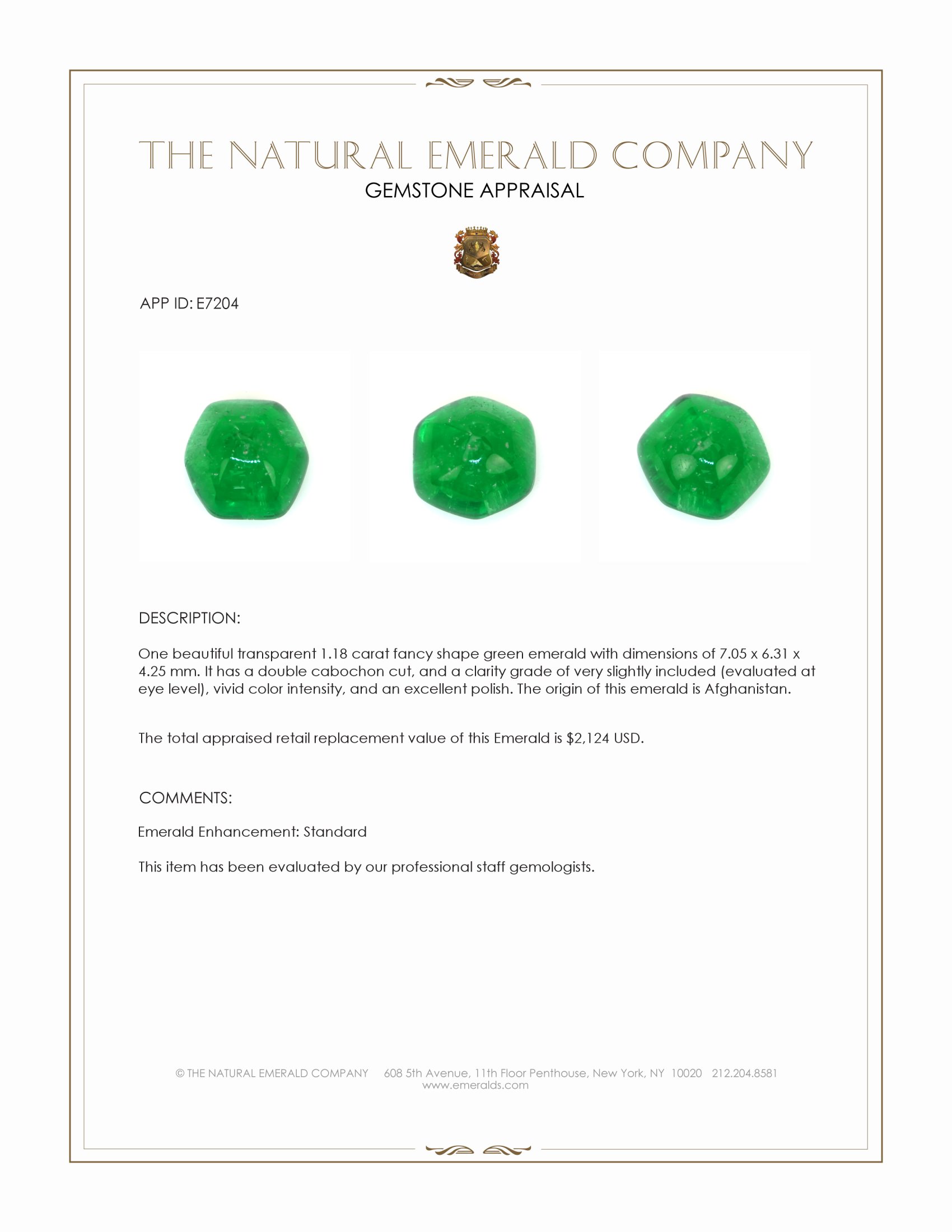 1.18 Ct. Cabochon Emerald from Afghanistan