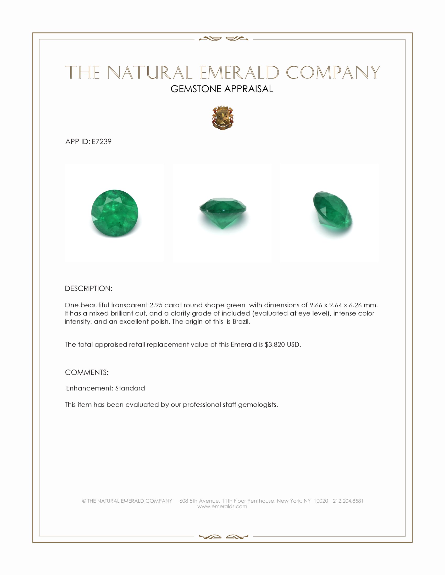 2.95 Ct. Emerald from Brazil