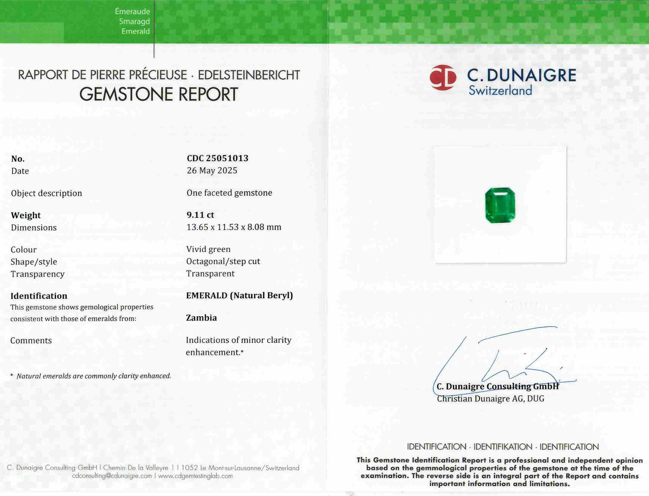 9.11 Ct. Emerald from Zambia