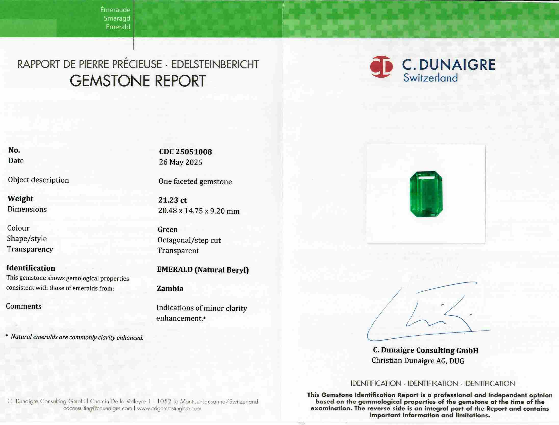 21.23 Ct. Emerald from Zambia