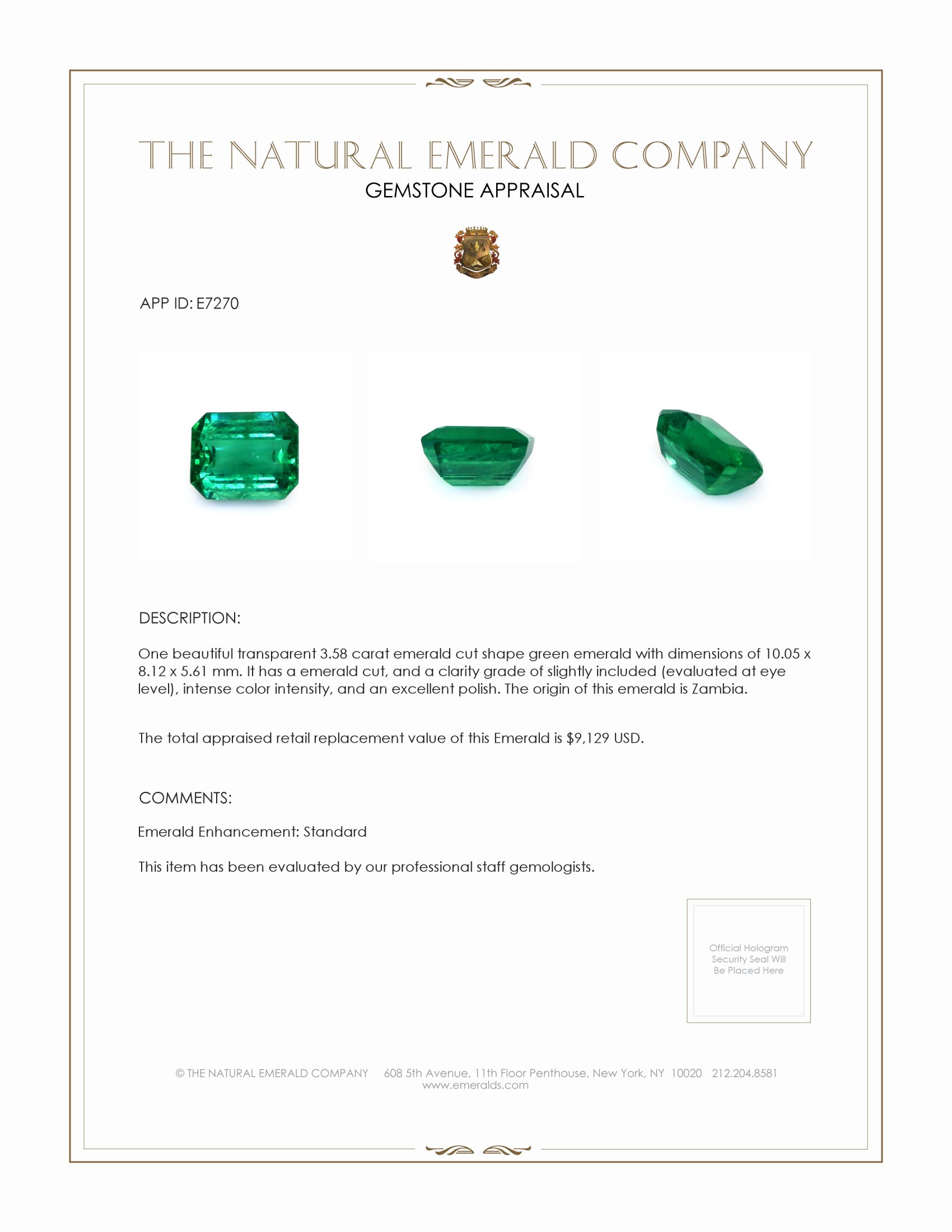 3.58 Ct. Emerald from Zambia
