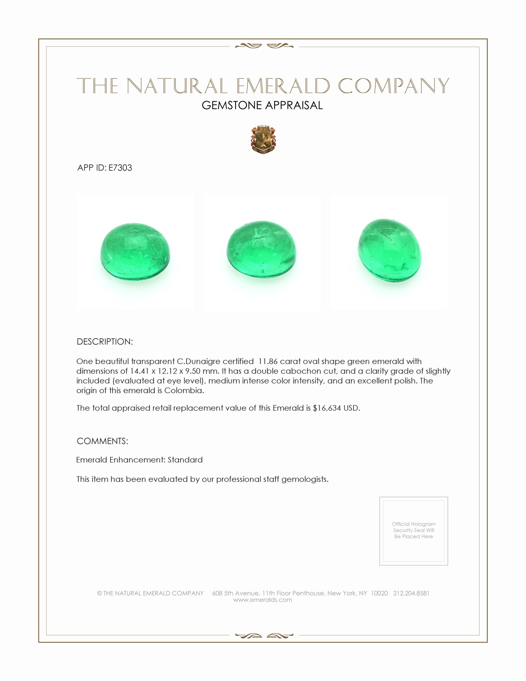 11.86 Ct. Cabochon Emerald from Colombia