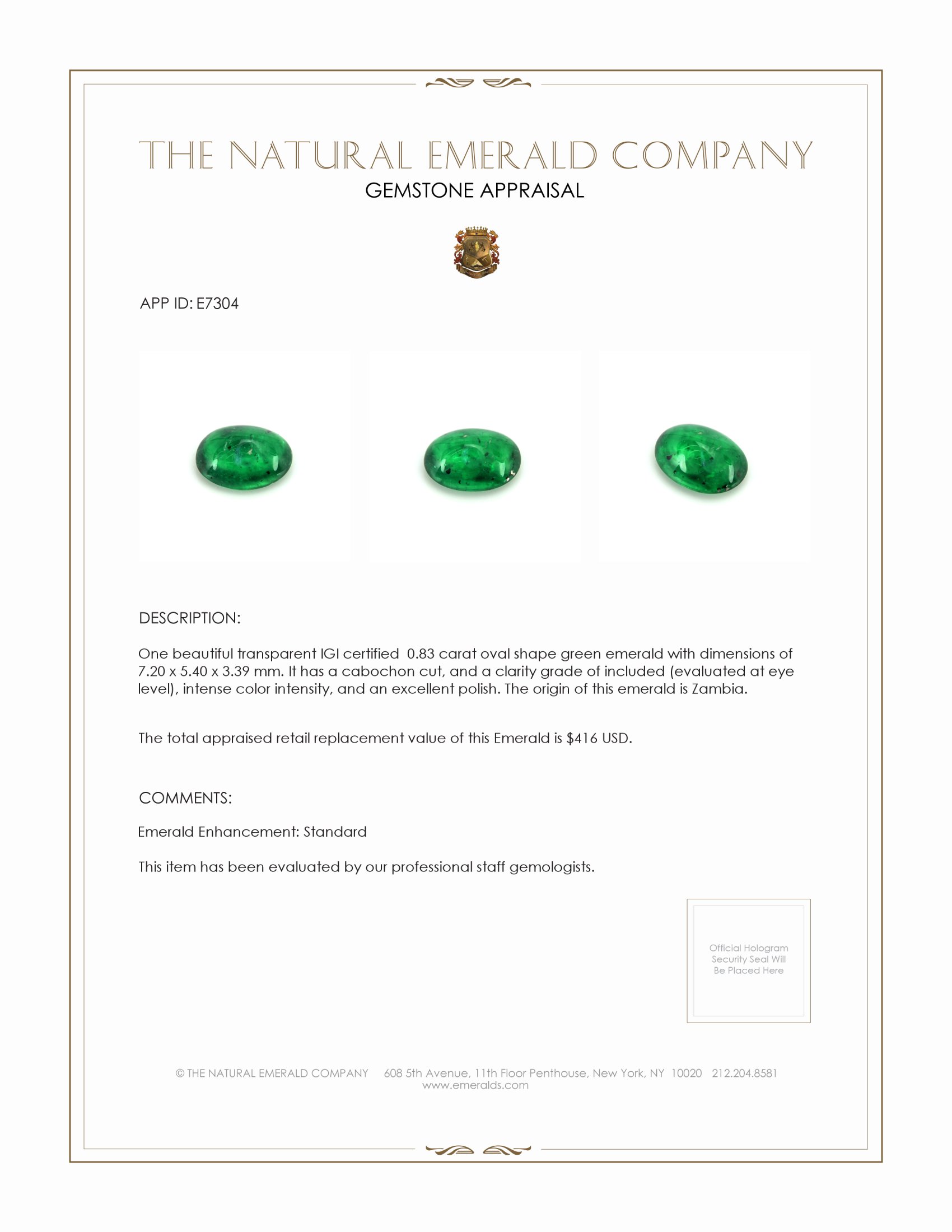 0.83 Ct. Cabochon Emerald from Zambia