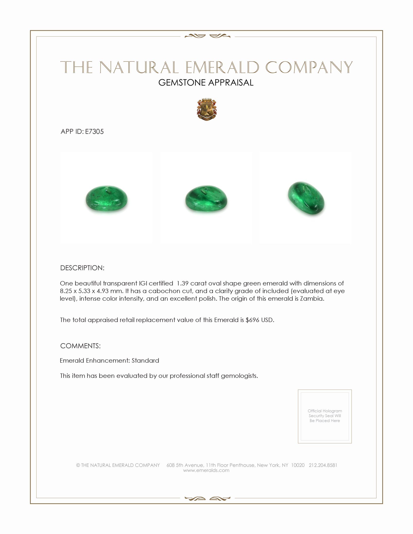 1.39 Ct. Cabochon Emerald from Zambia