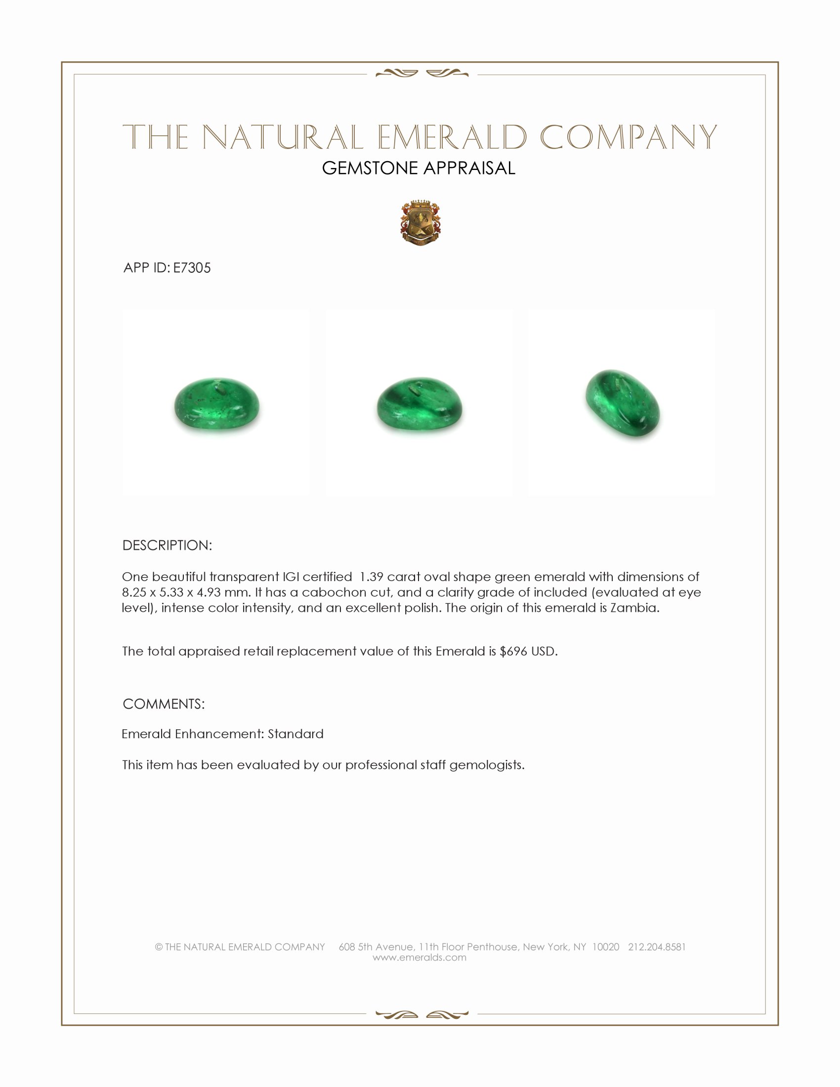 1.39 Ct. Cabochon Emerald from Zambia