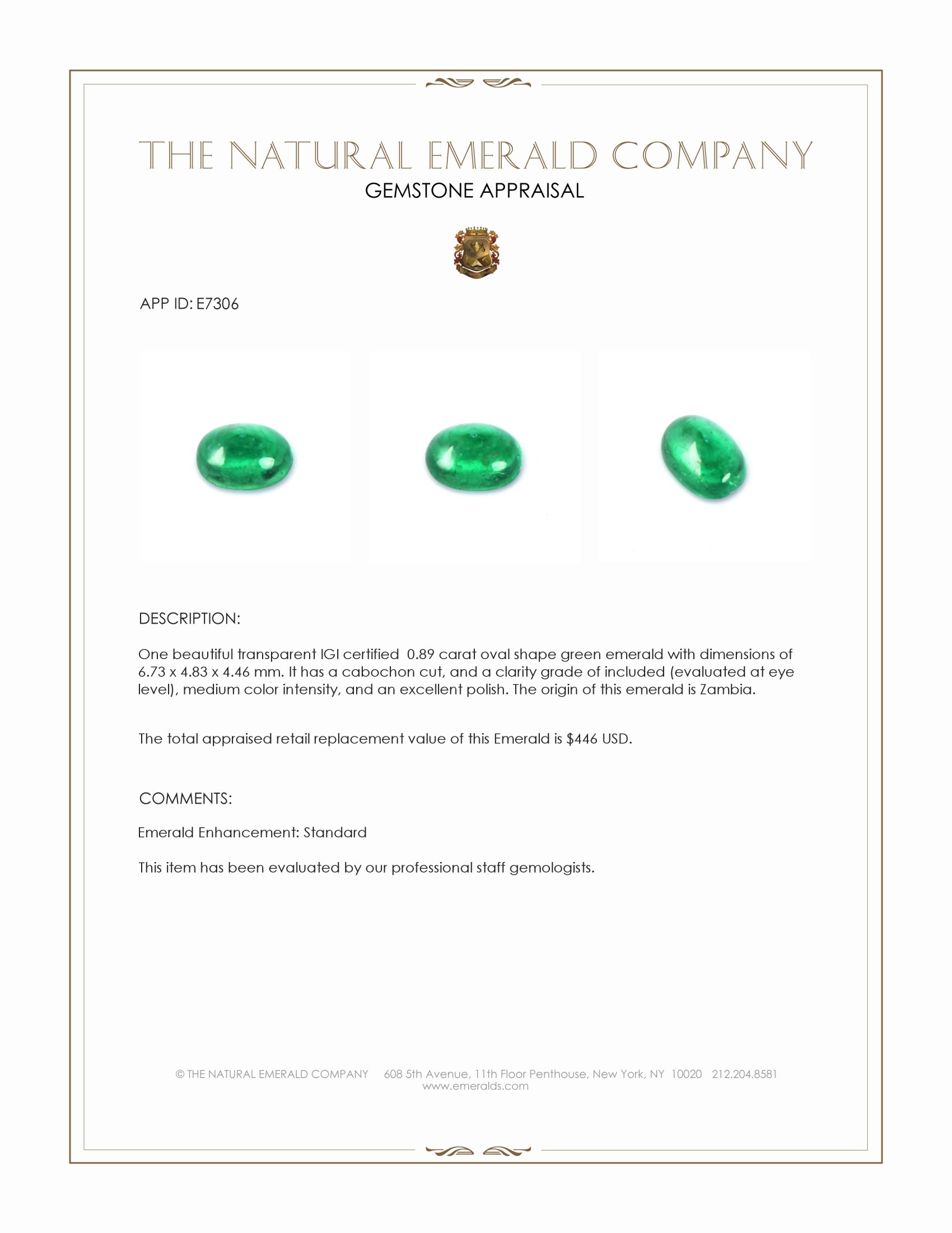 0.89 Ct. Cabochon Emerald from Zambia