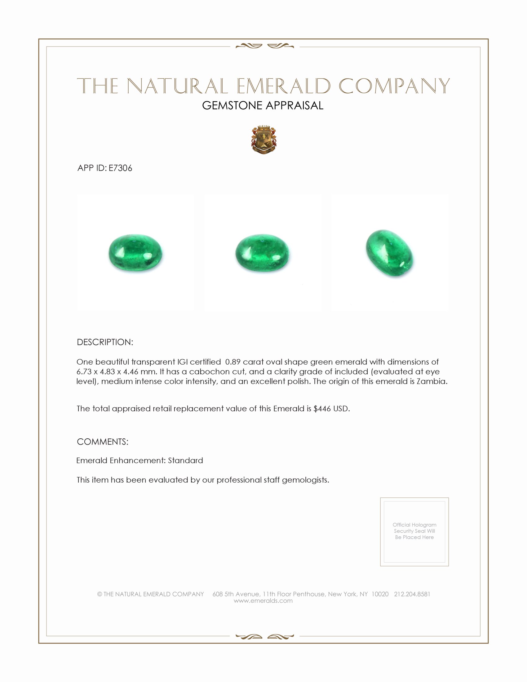 0.89 Ct. Cabochon Emerald from Zambia