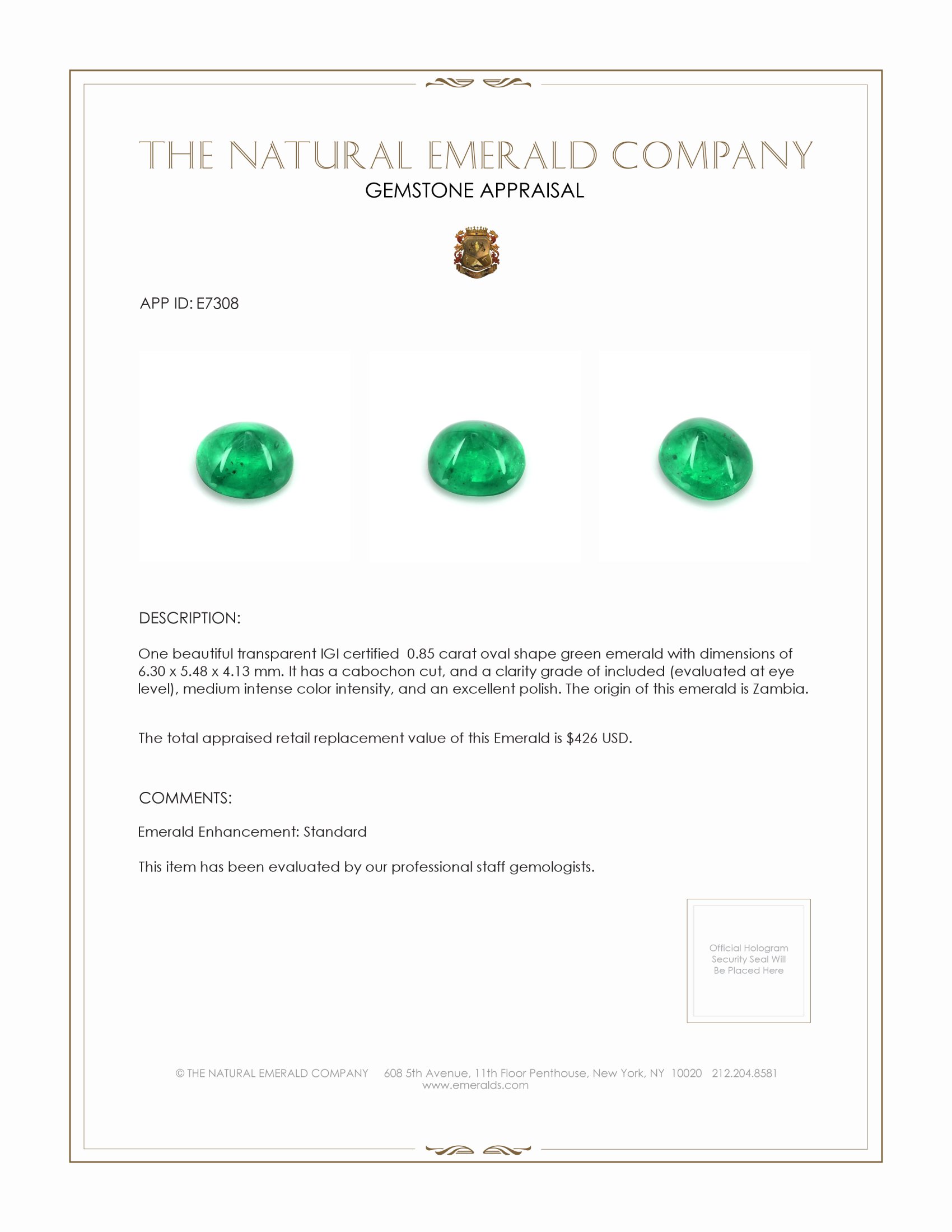 0.85 Ct. Cabochon Emerald from Zambia