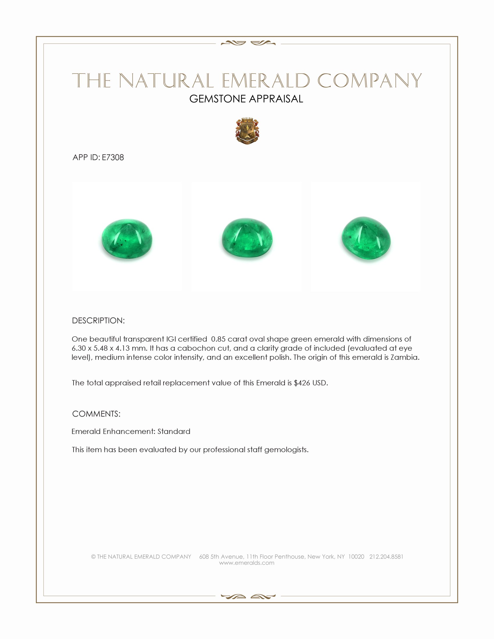 0.85 Ct. Cabochon Emerald from Zambia