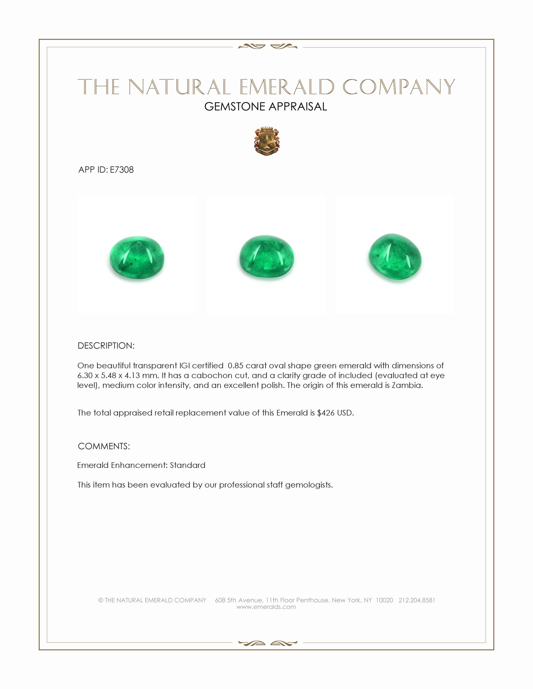 0.85 Ct. Cabochon Emerald from Zambia