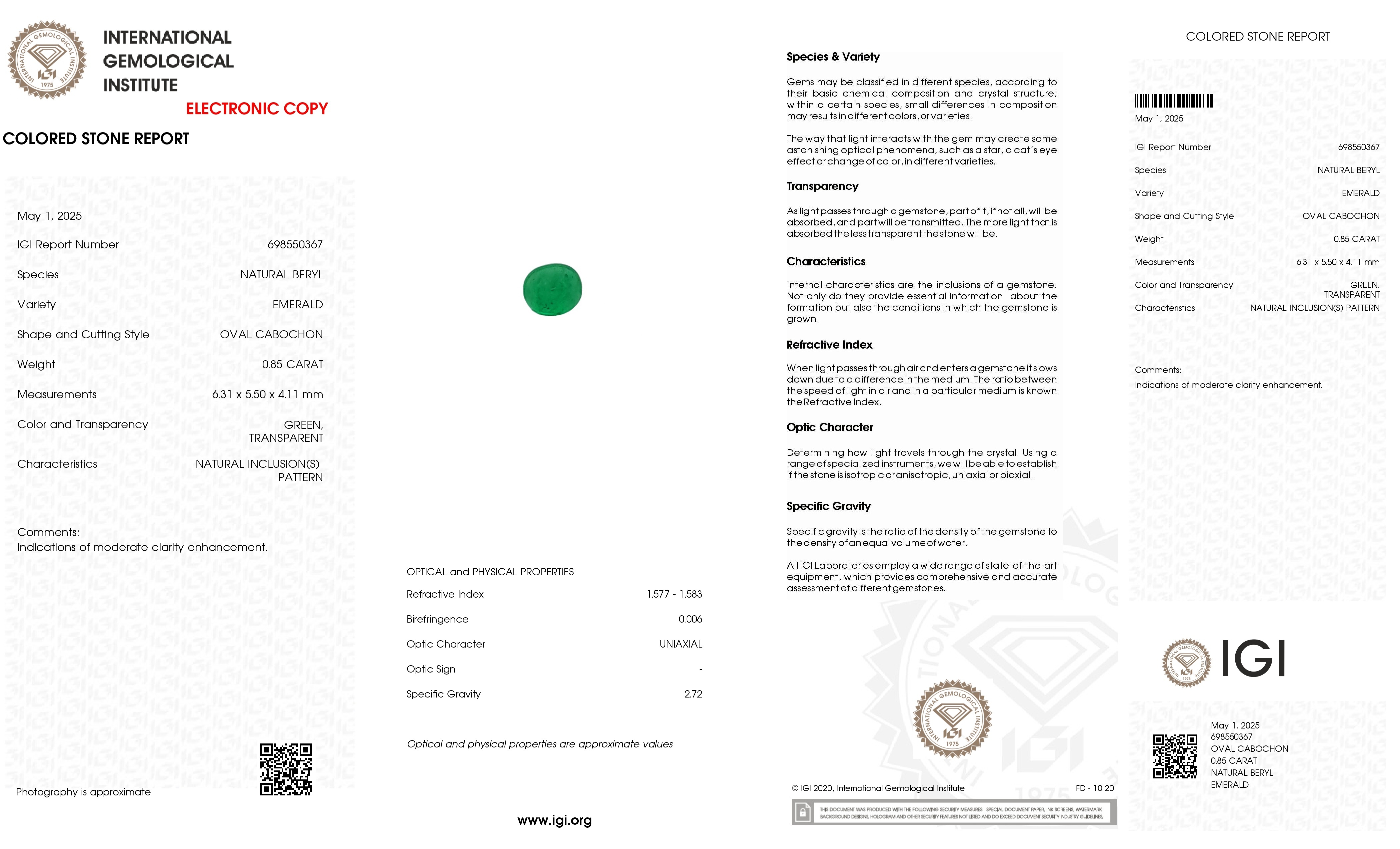 0.85 Ct. Cabochon Emerald from Zambia