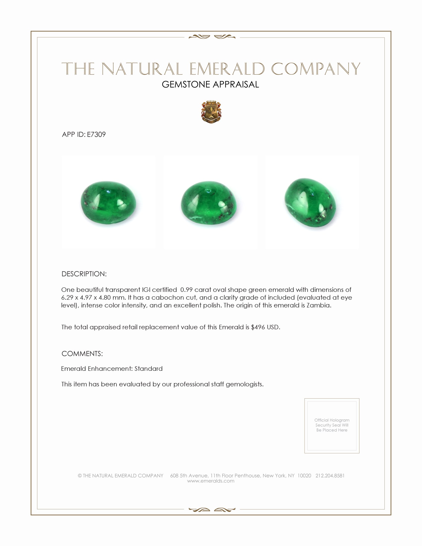 0.99 Ct. Cabochon Emerald from Zambia