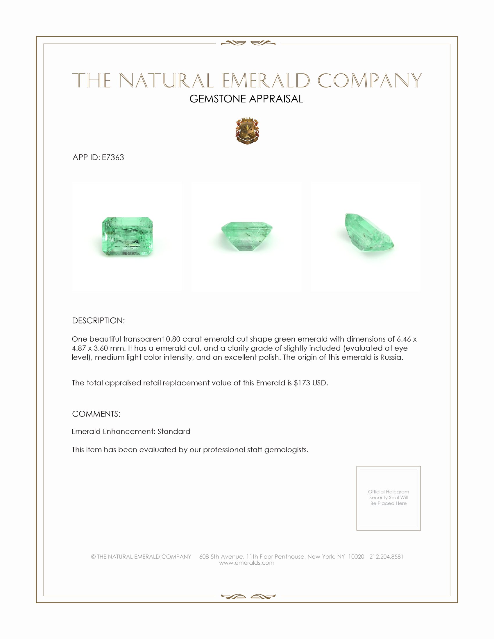 0.80 Ct. Emerald from Russia