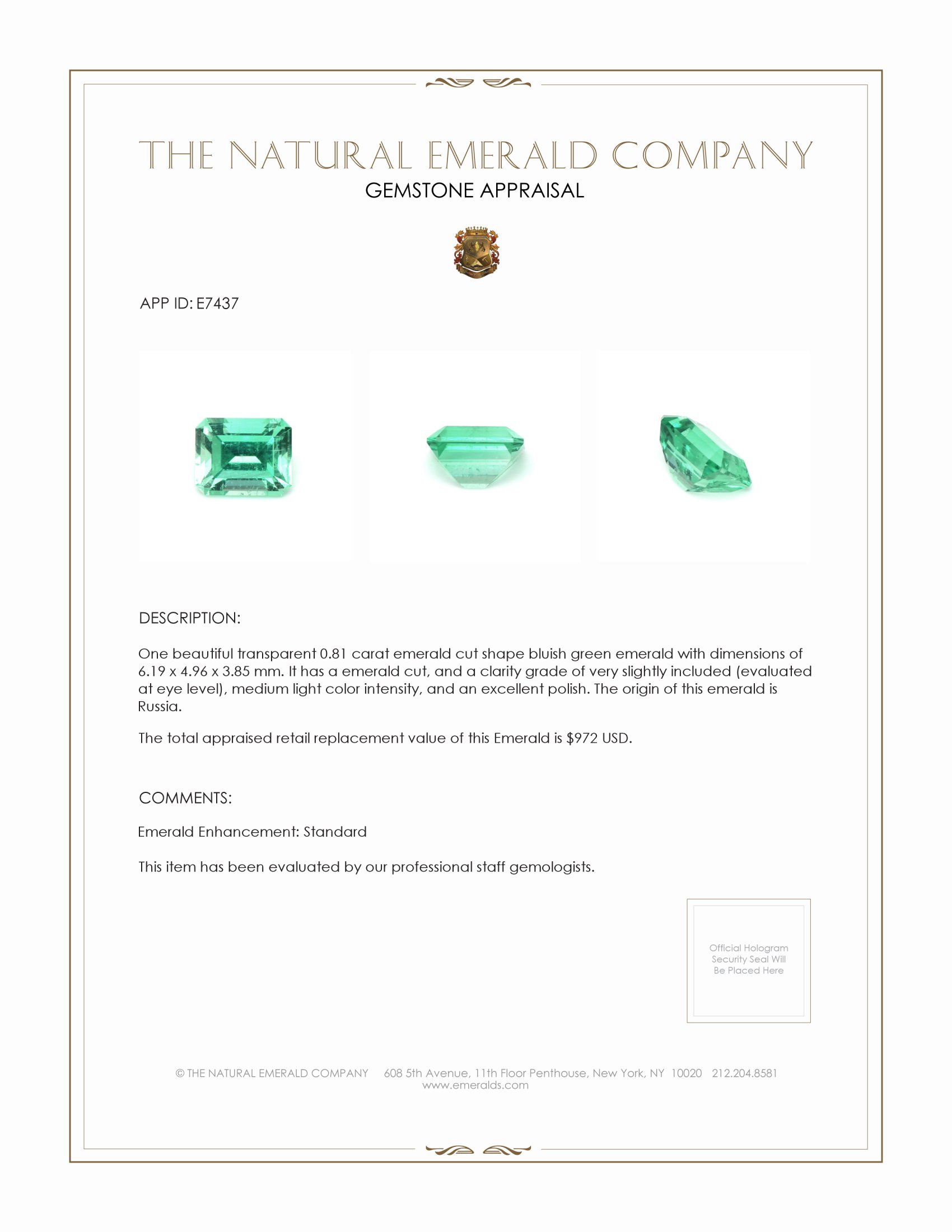 0.81 Ct. Emerald from Russia