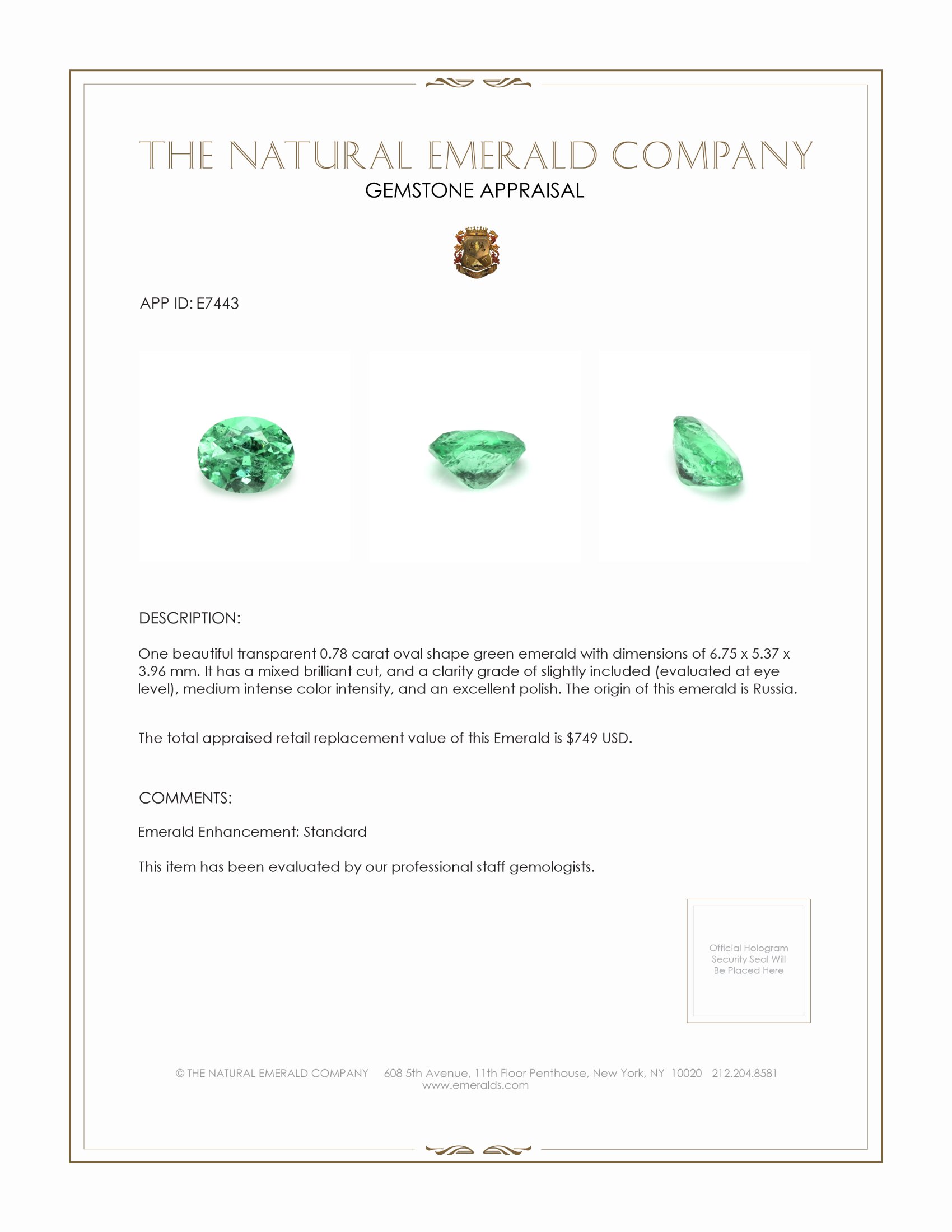 0.78 Ct. Emerald from Russia