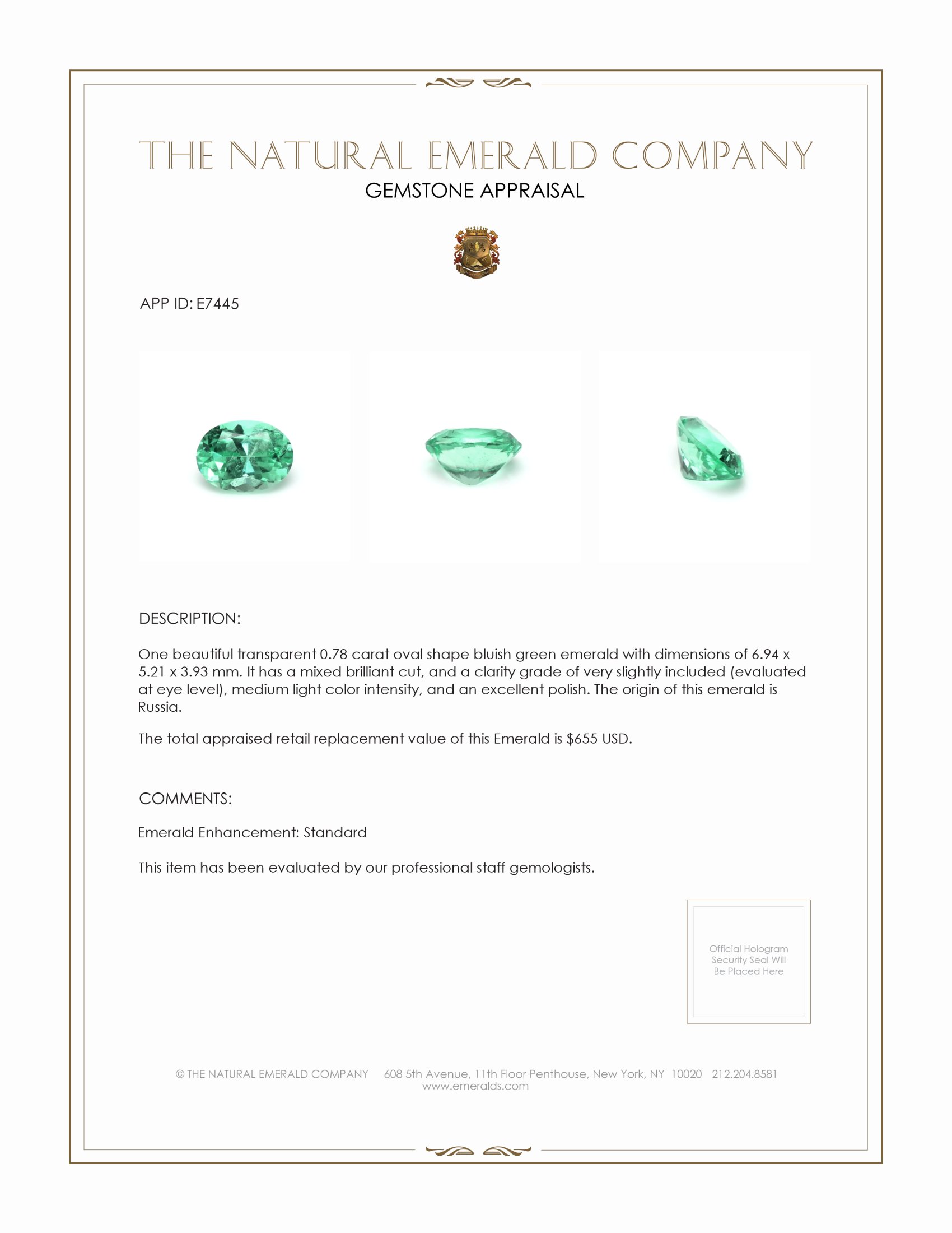 0.78 Ct. Emerald from Russia