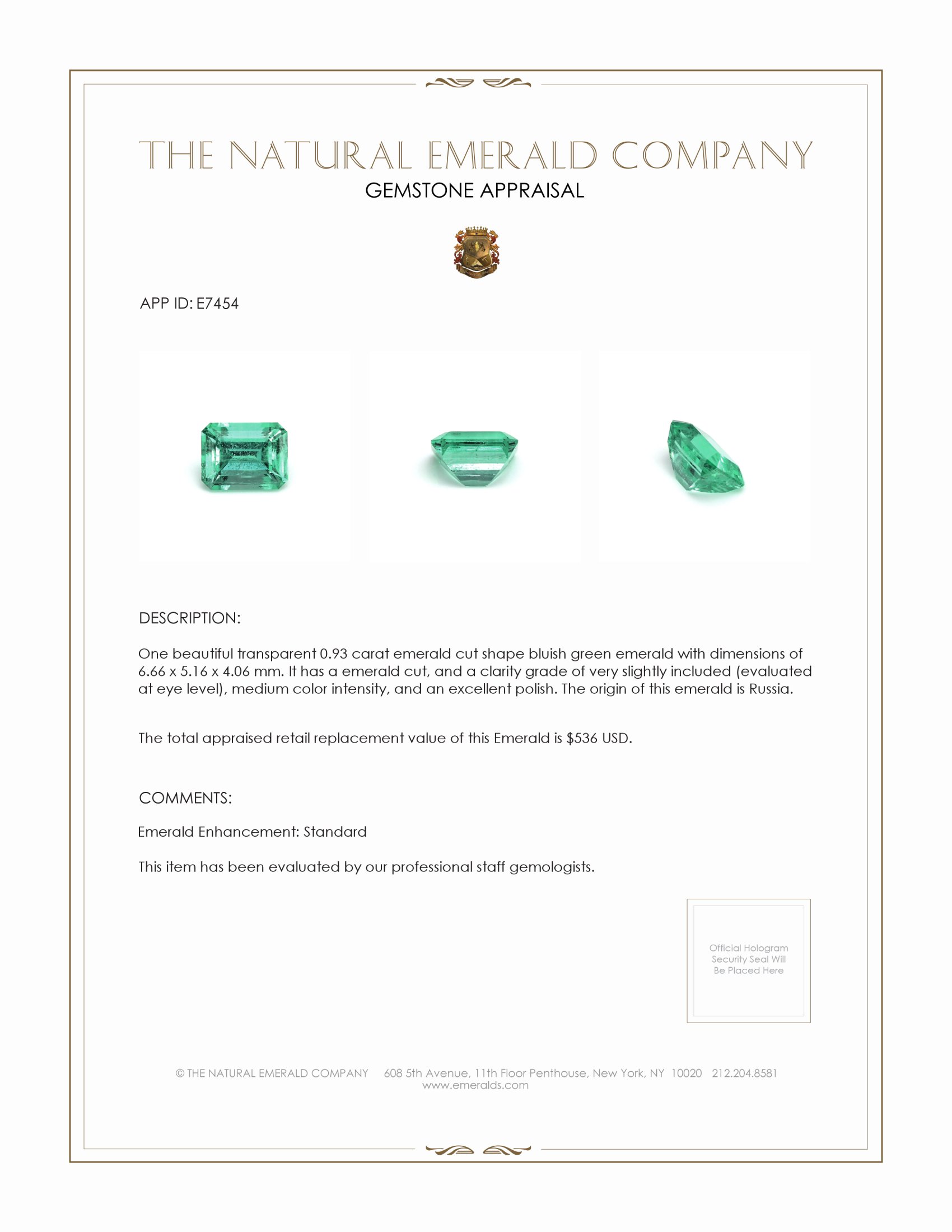 0.93 Ct. Emerald from Russia