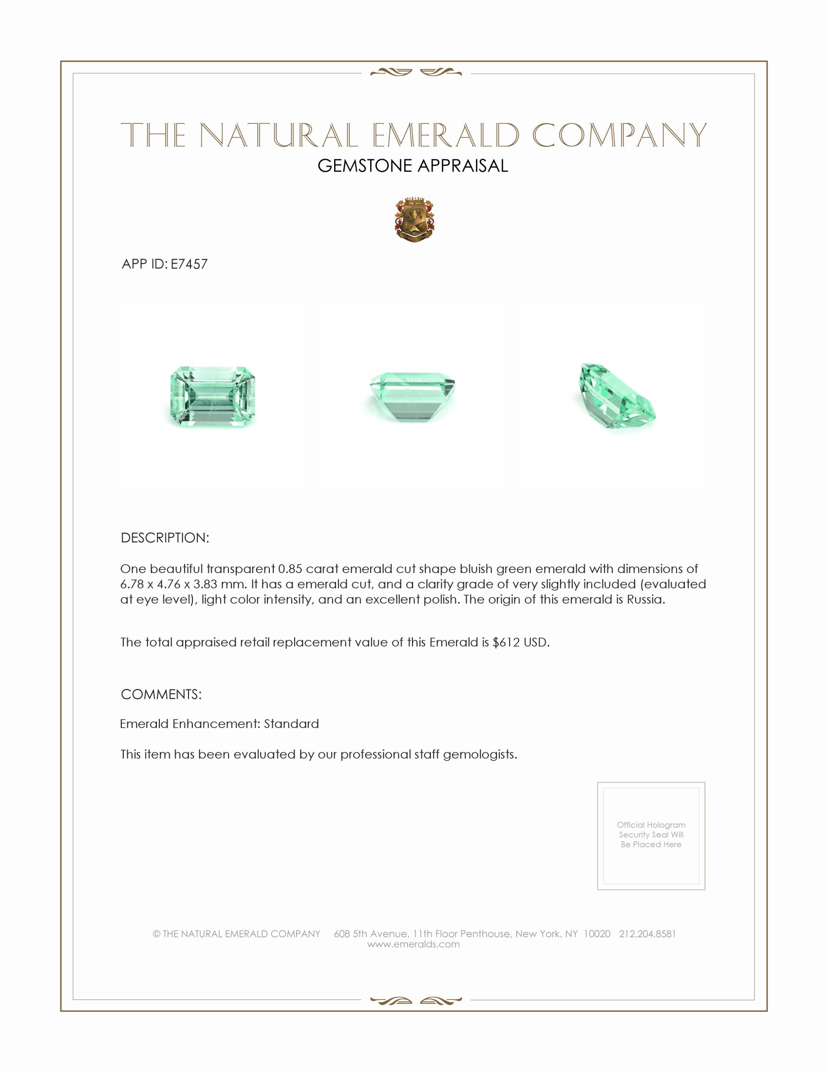 0.85 Ct. Emerald from Russia