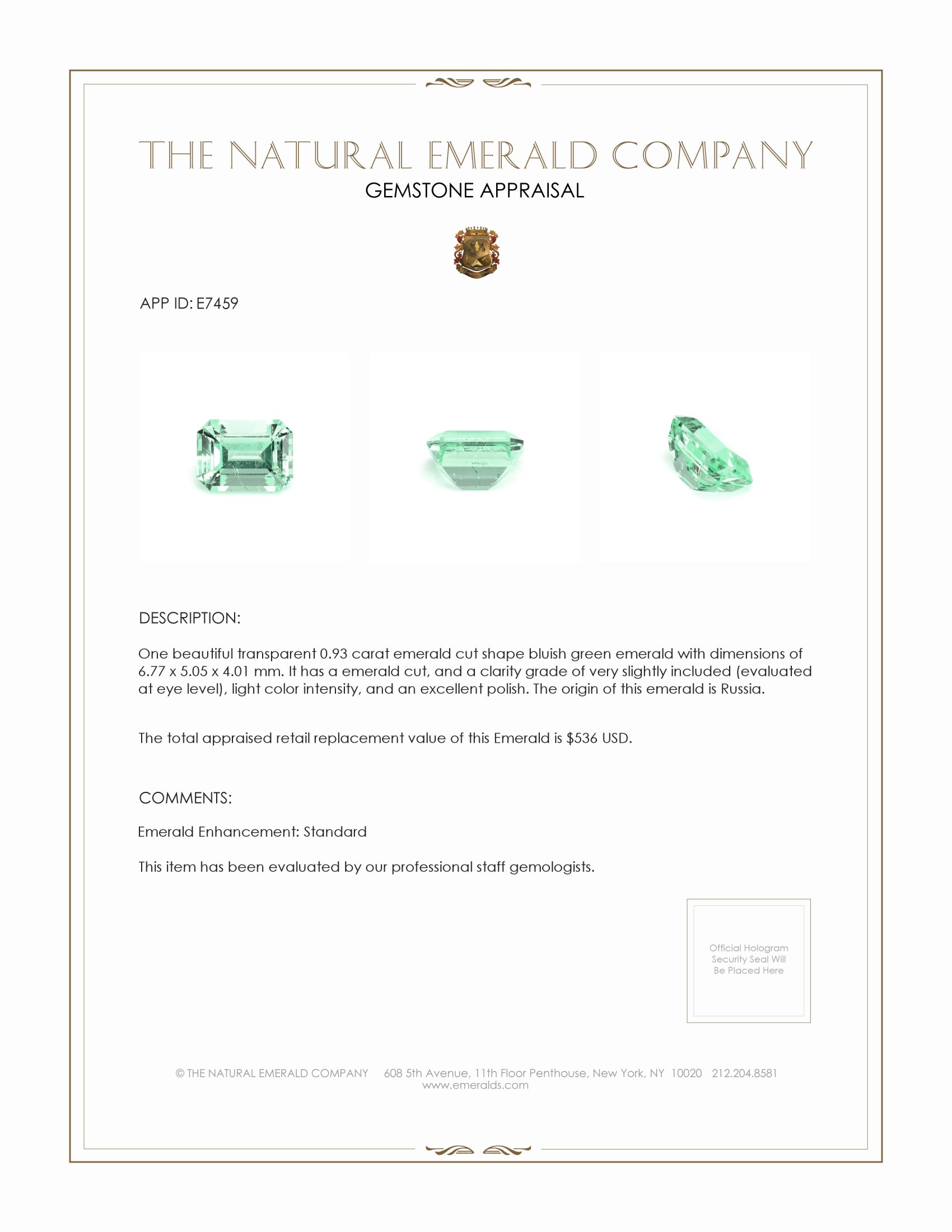 0.93 Ct. Emerald from Russia