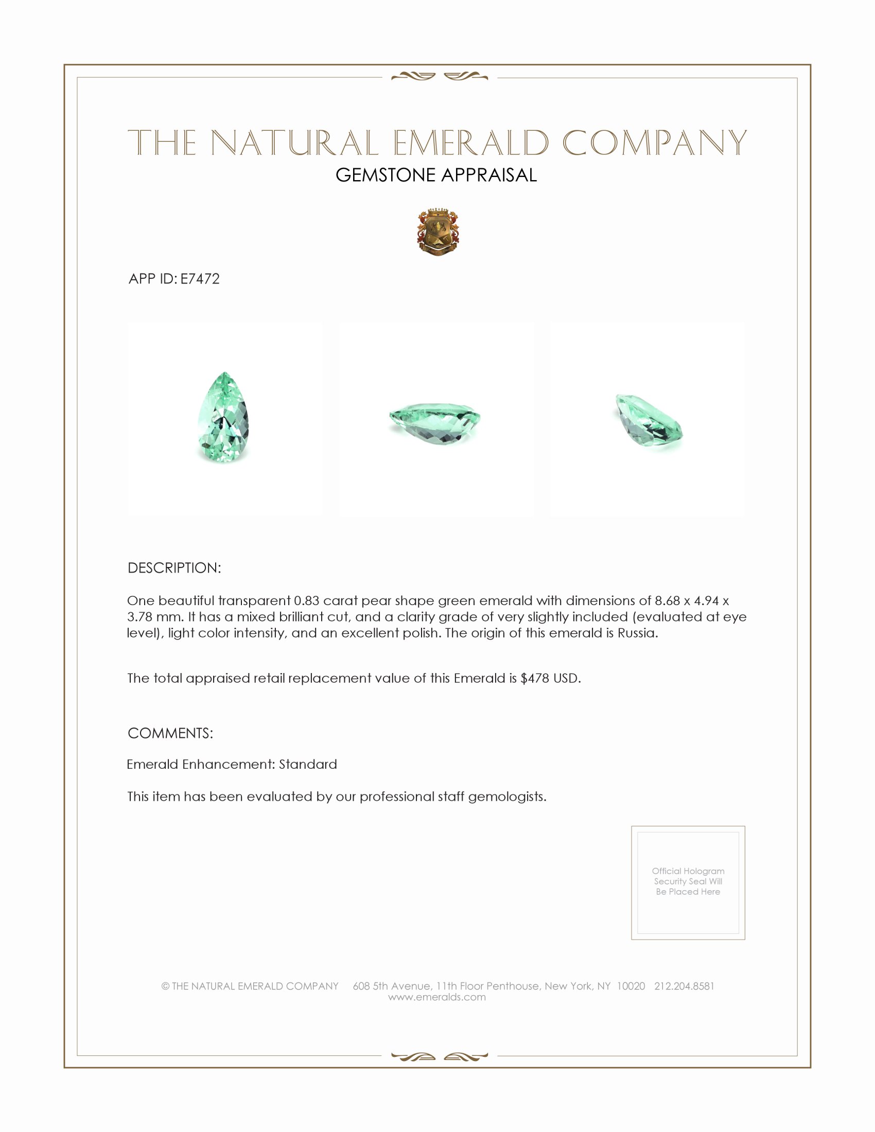 0.83 Ct. Emerald from Russia