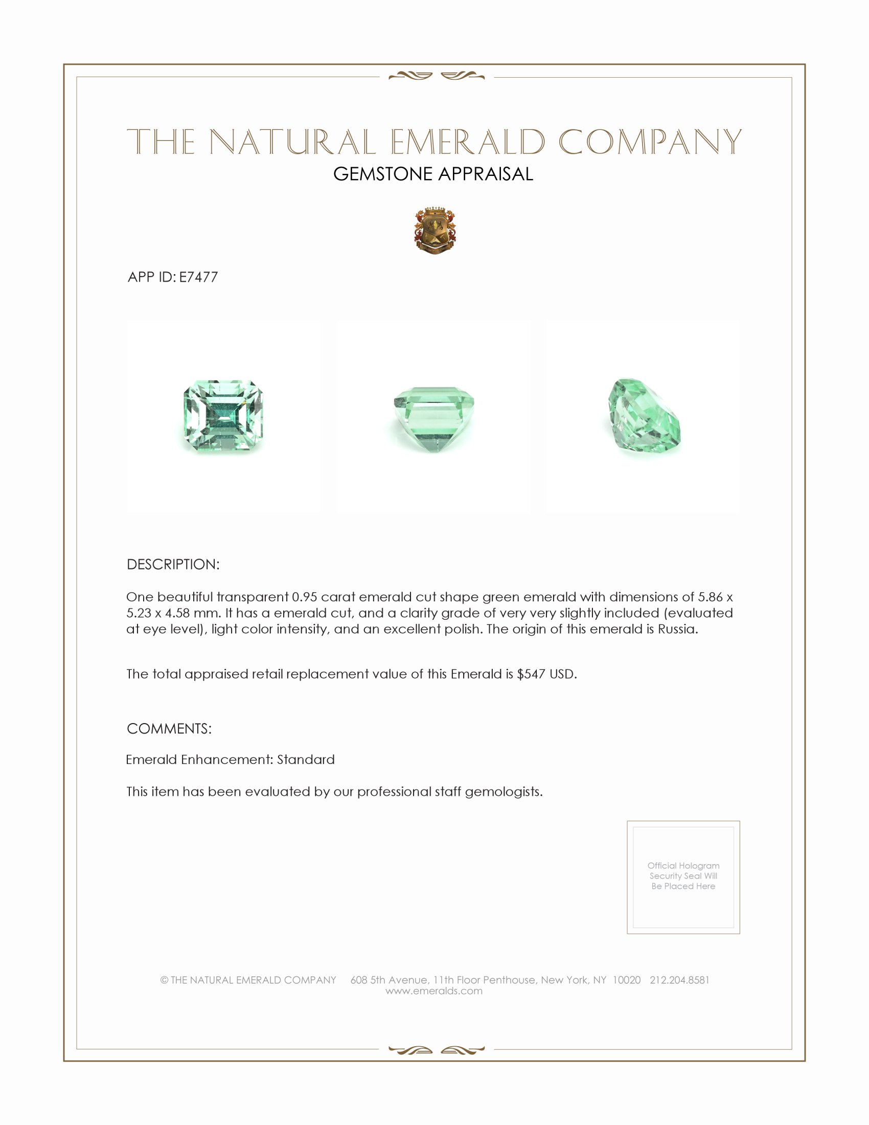 0.95 Ct. Emerald from Russia