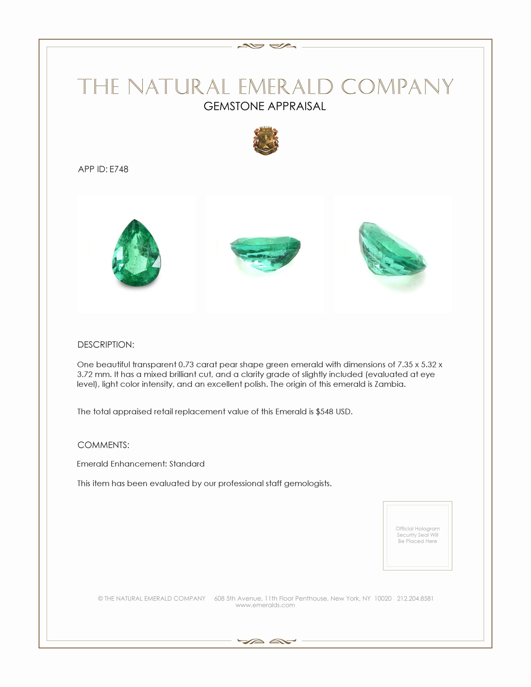 0.73 Ct. Emerald from Zambia