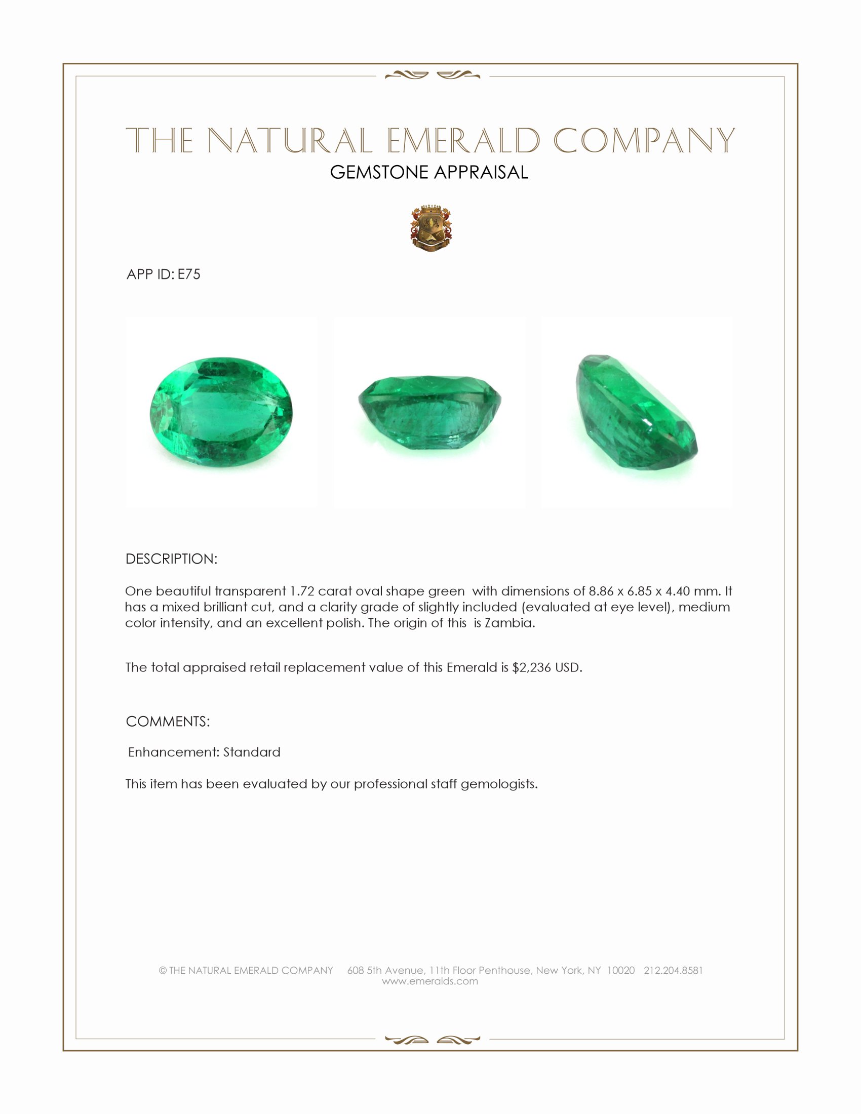 1.72 Ct. Emerald from Zambia